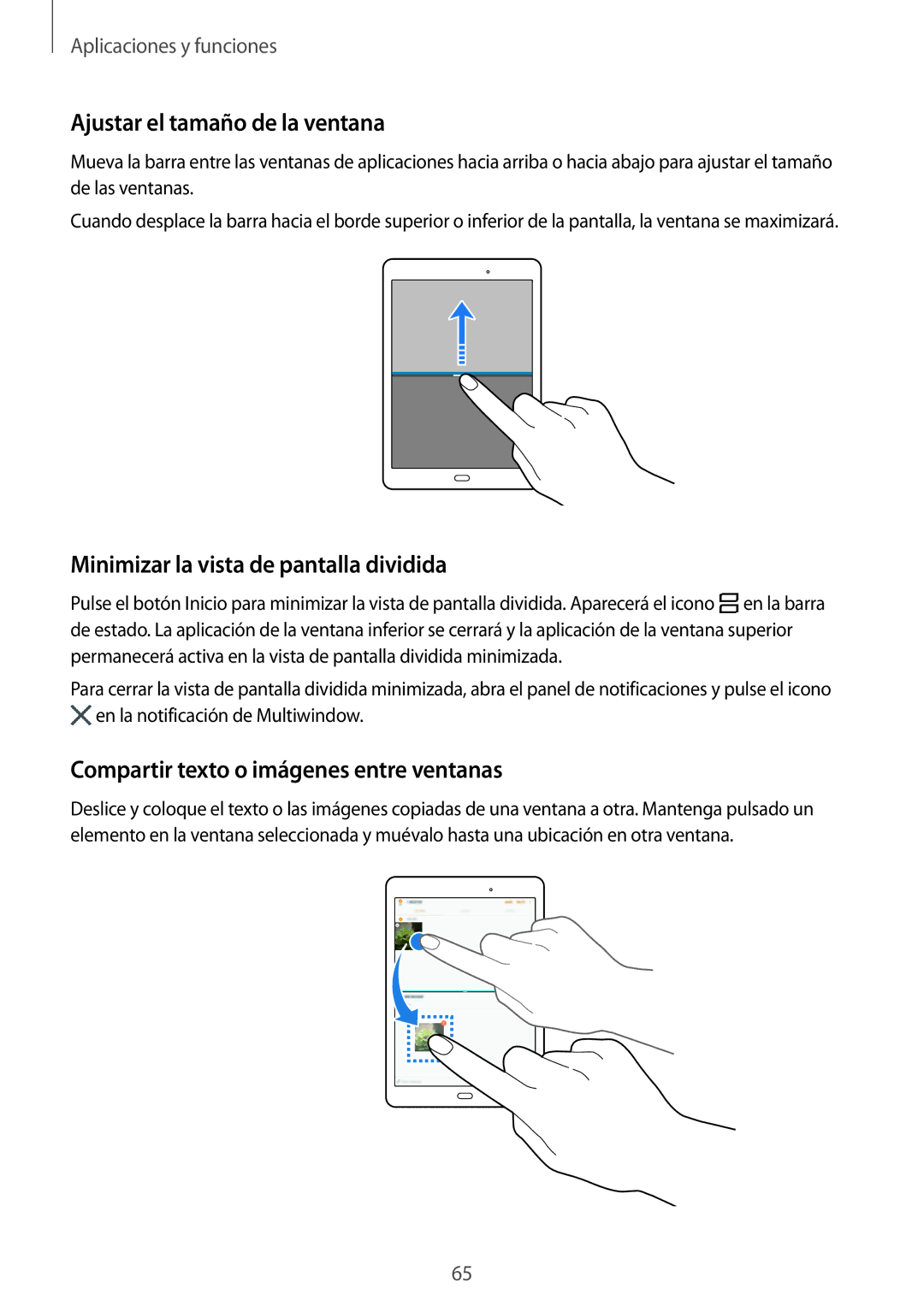 Samsung SM-T555NZWAPHE manual Ajustar el tamaño de la ventana, Minimizar la vista de pantalla dividida 