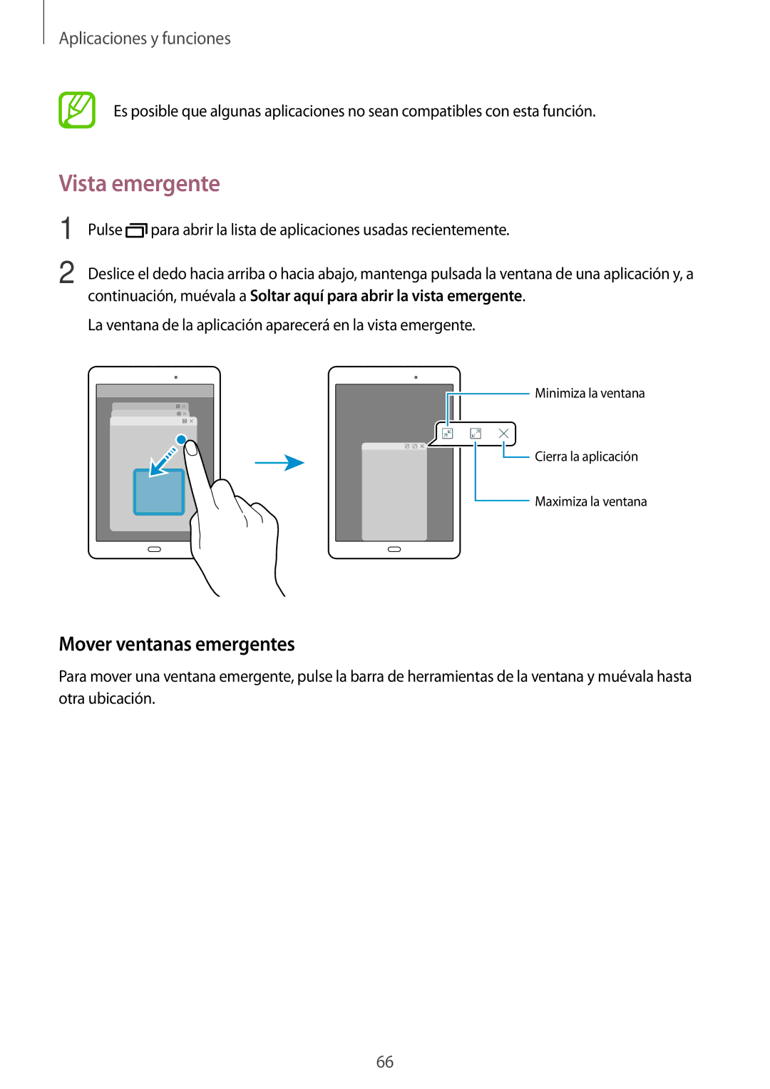 Samsung SM-T555NZWAPHE manual Vista emergente, Mover ventanas emergentes 