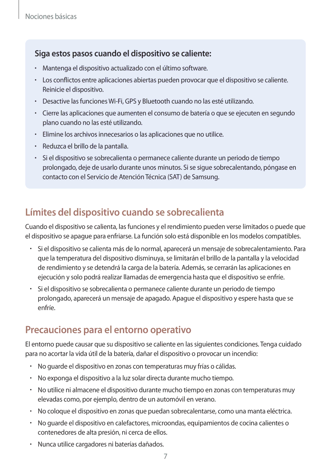 Samsung SM-T555NZWAPHE manual Límites del dispositivo cuando se sobrecalienta, Precauciones para el entorno operativo 