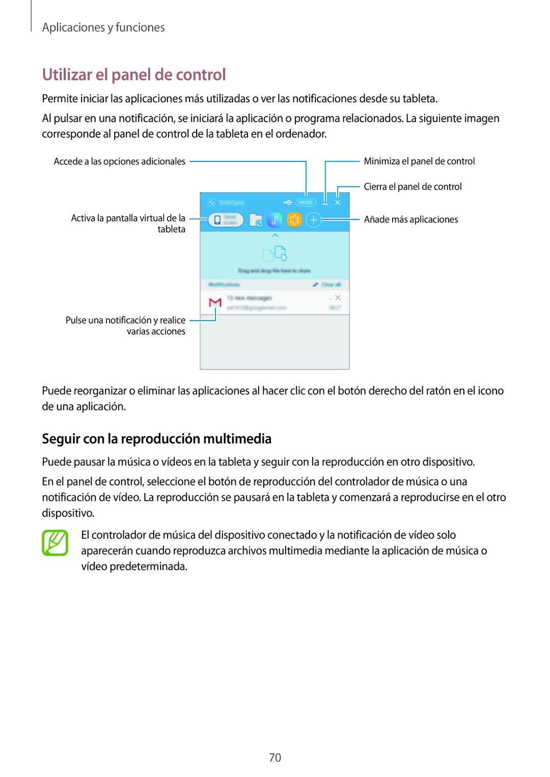 Samsung SM-T555NZWAPHE manual Utilizar el panel de control, Seguir con la reproducción multimedia 