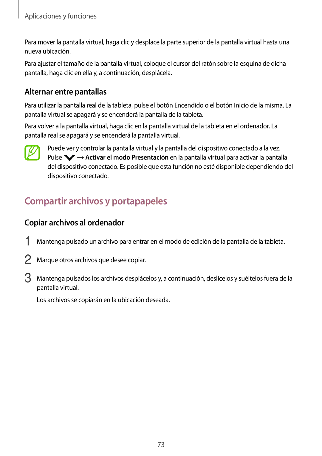 Samsung SM-T555NZWAPHE manual Compartir archivos y portapapeles, Alternar entre pantallas, Copiar archivos al ordenador 
