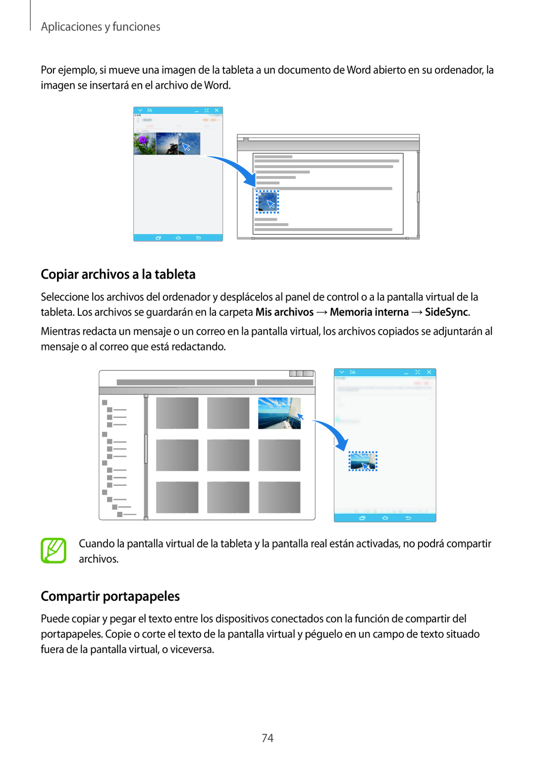 Samsung SM-T555NZWAPHE manual Copiar archivos a la tableta, Compartir portapapeles 