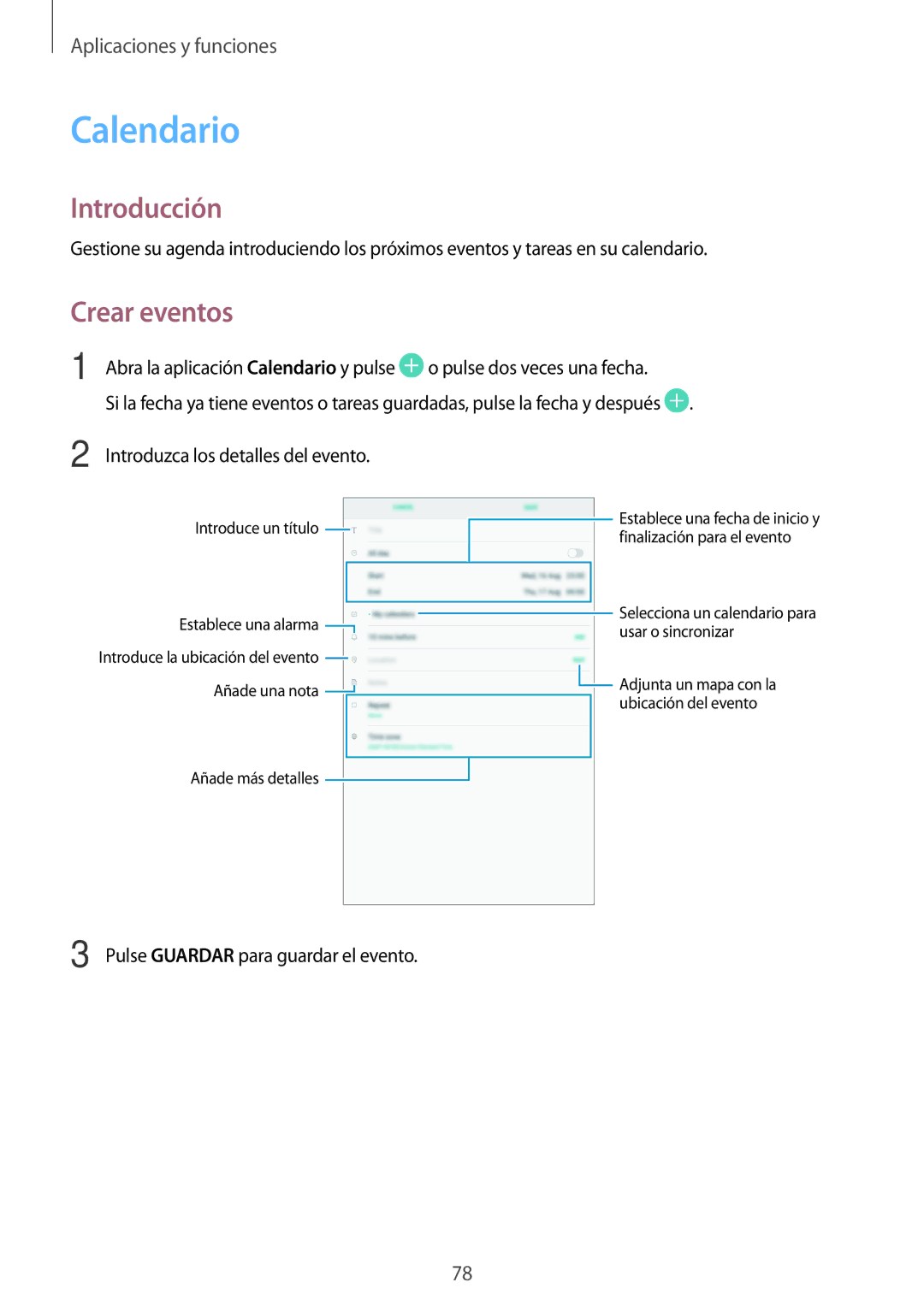 Samsung SM-T555NZWAPHE manual Calendario, Crear eventos 