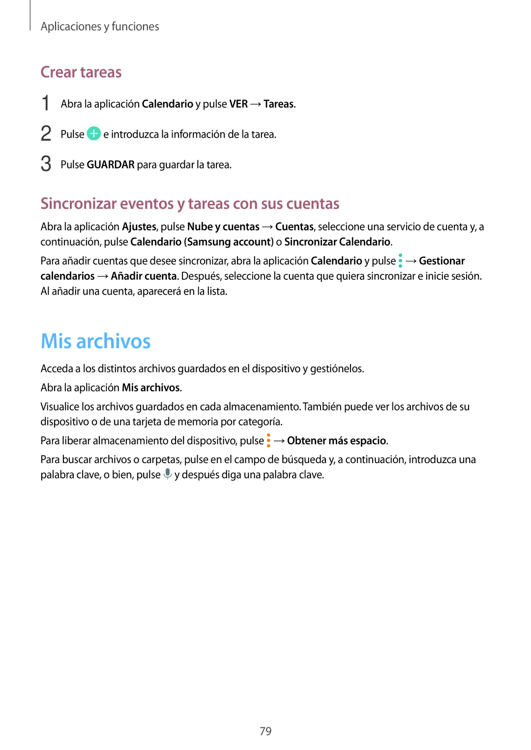 Samsung SM-T555NZWAPHE manual Mis archivos, Crear tareas, Sincronizar eventos y tareas con sus cuentas 