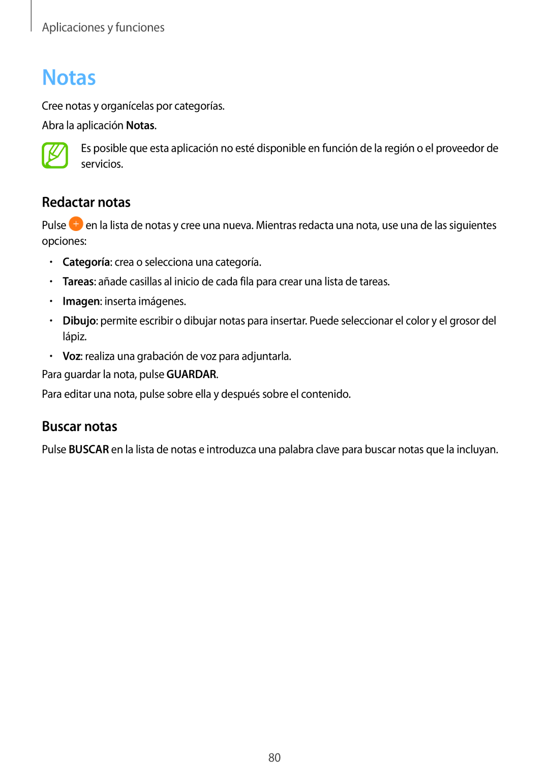 Samsung SM-T555NZWAPHE manual Notas, Redactar notas, Buscar notas 