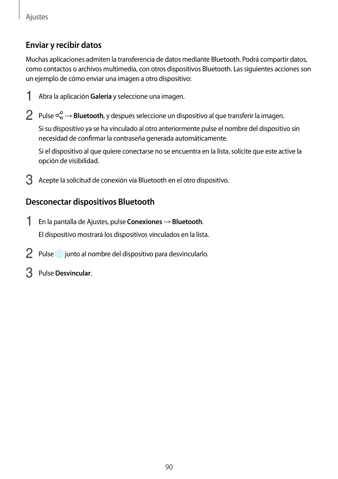 Samsung SM-T555NZWAPHE manual Enviar y recibir datos, Desconectar dispositivos Bluetooth, Pulse Desvincular 