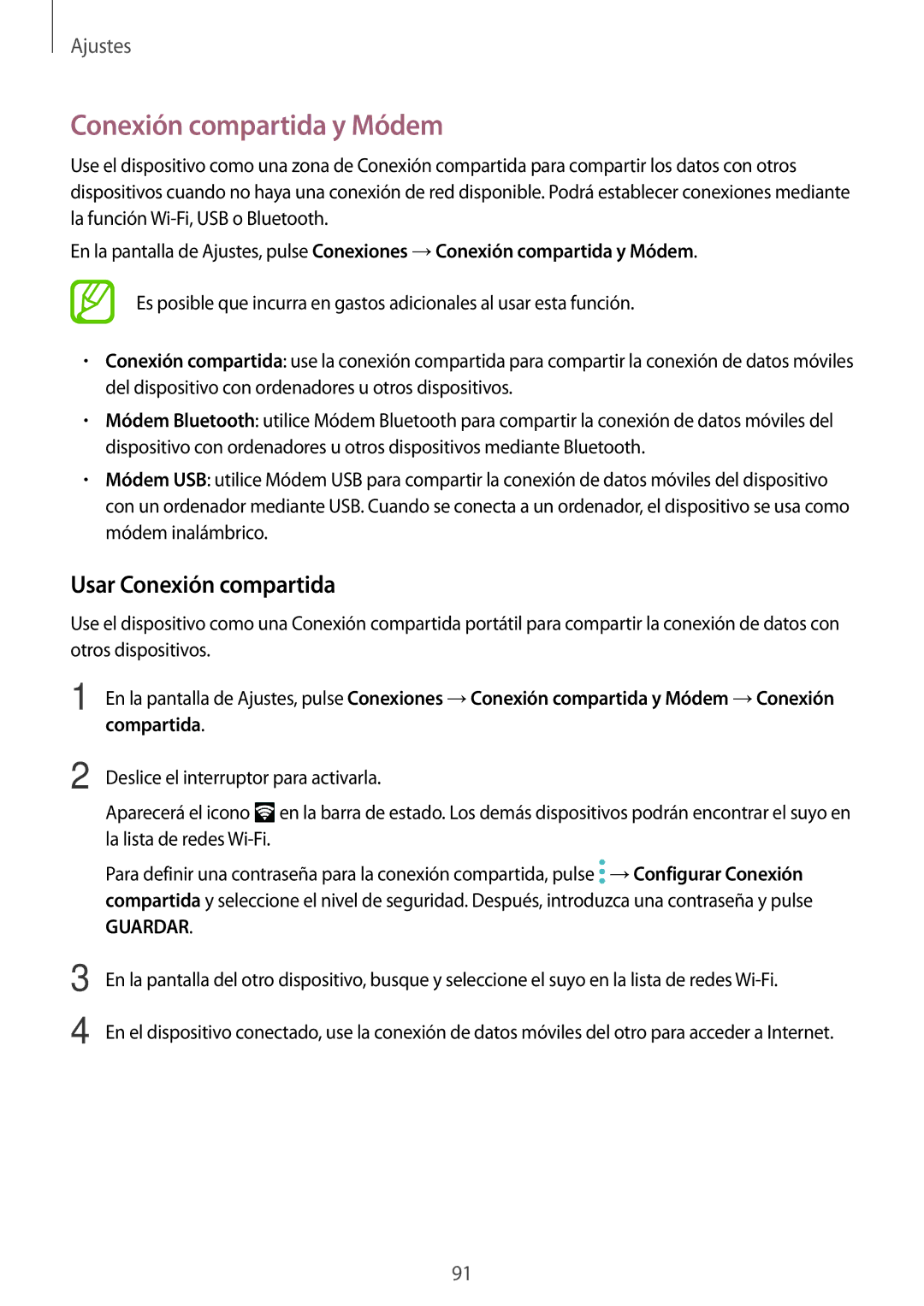 Samsung SM-T555NZWAPHE manual Conexión compartida y Módem, Usar Conexión compartida 