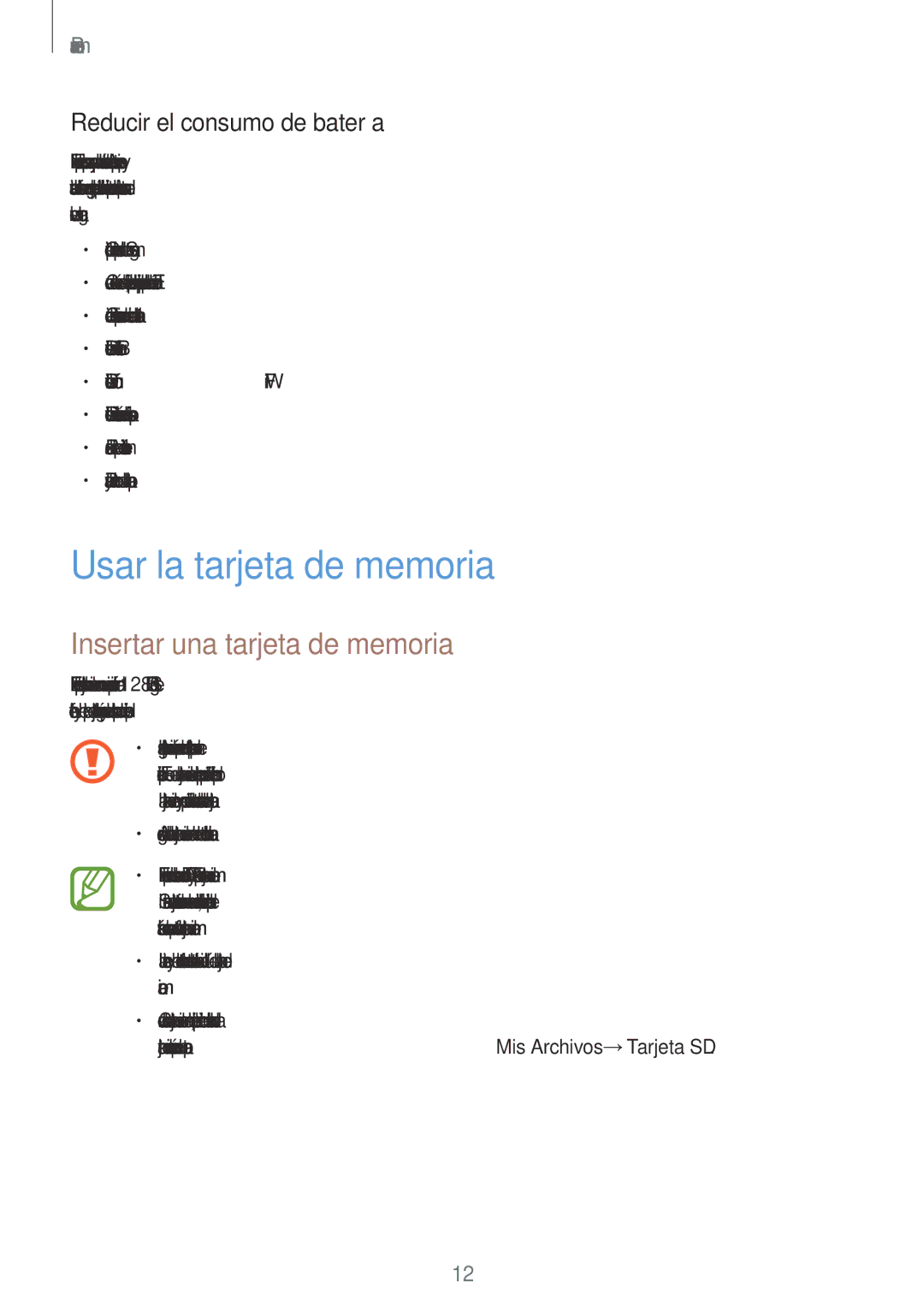 Samsung SM-T555NZWAPHE manual Usar la tarjeta de memoria, Insertar una tarjeta de memoria, Reducir el consumo de batería 