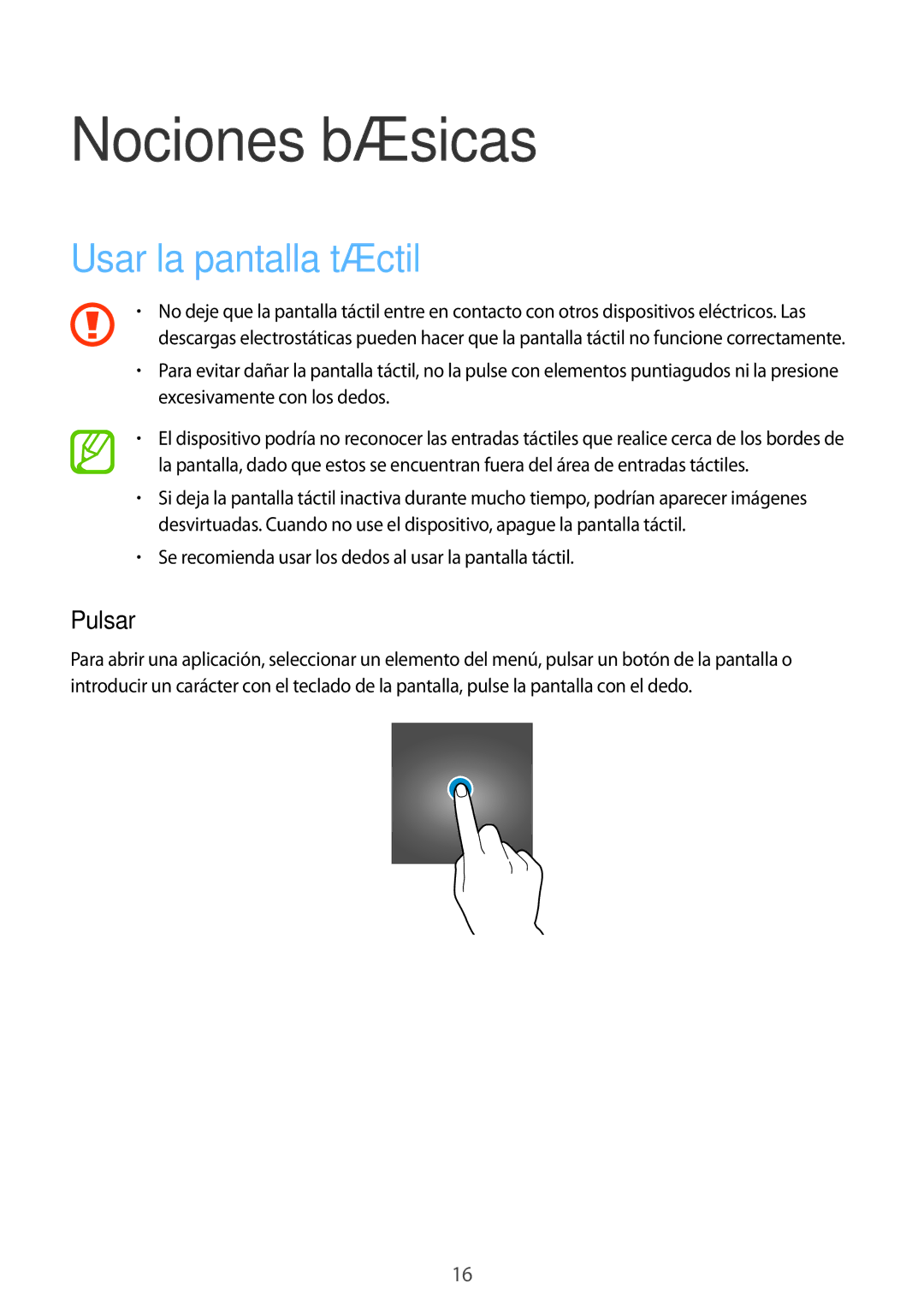 Samsung SM-T555NZWAPHE manual Nociones básicas, Usar la pantalla táctil, Pulsar 