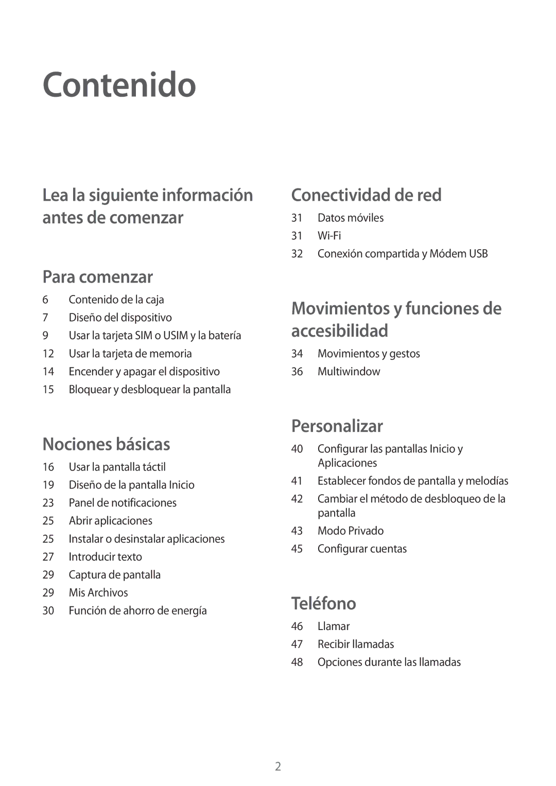 Samsung SM-T555NZWAPHE manual Contenido, Para comenzar 