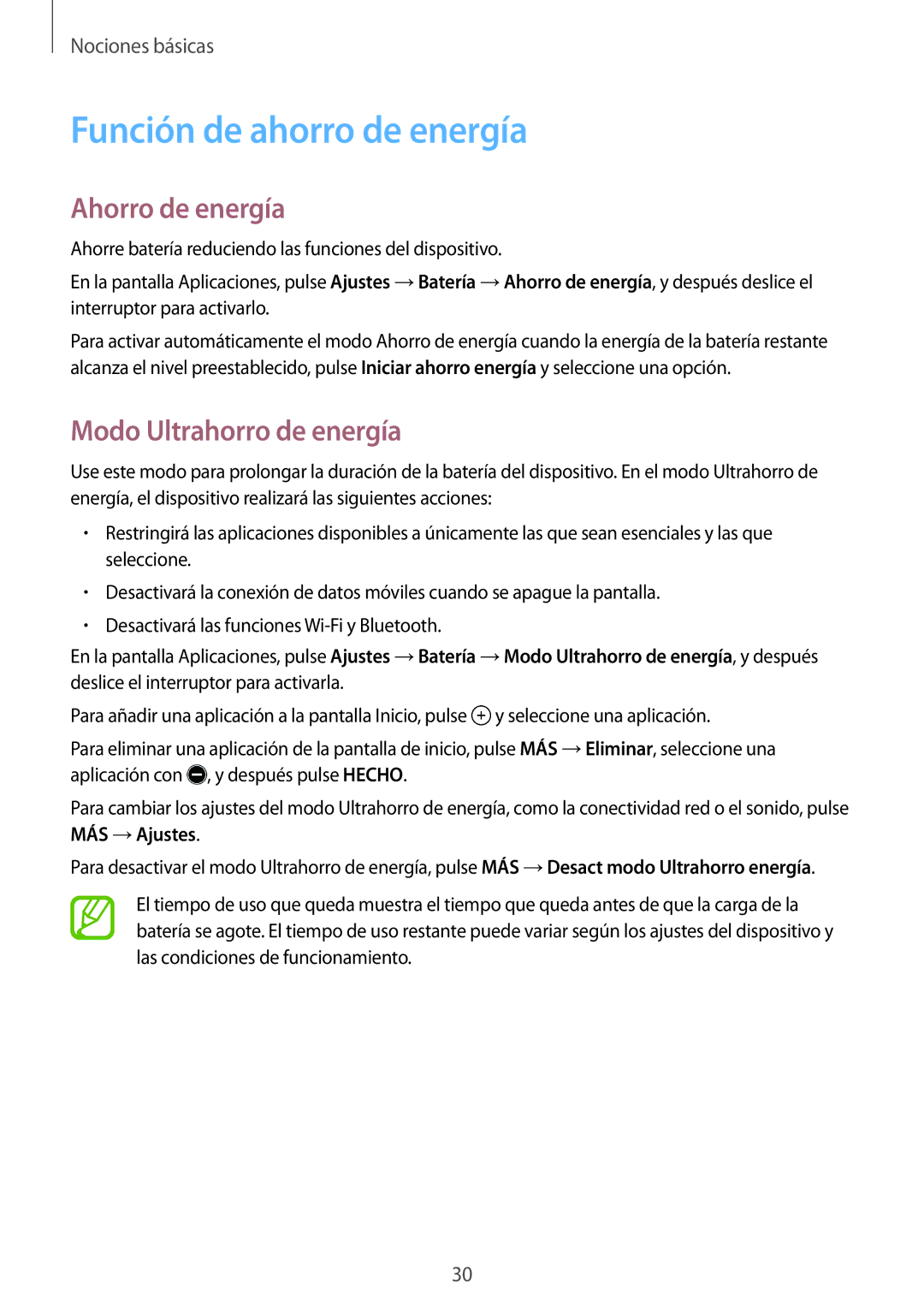 Samsung SM-T555NZWAPHE manual Función de ahorro de energía, Ahorro de energía, Modo Ultrahorro de energía 