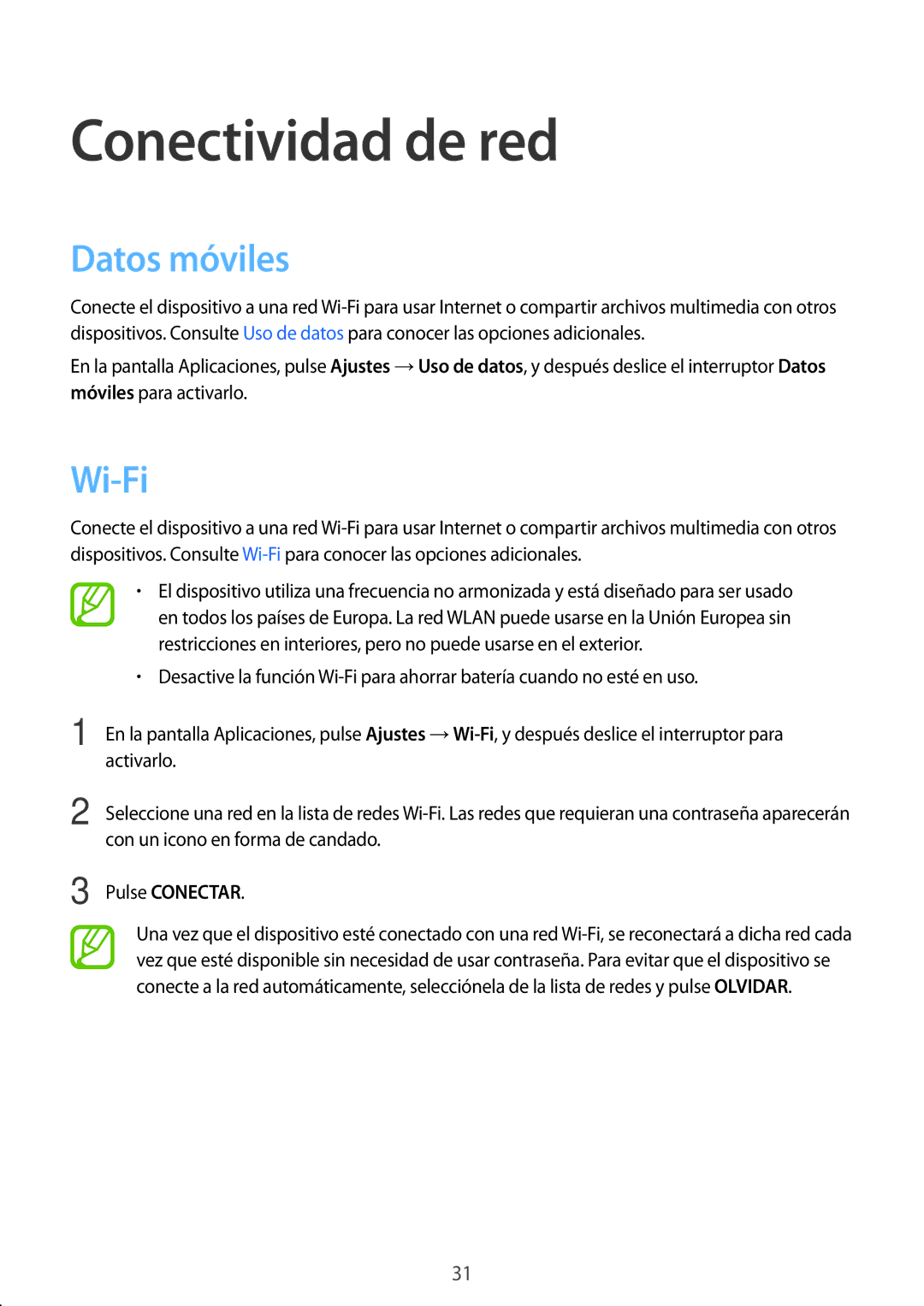 Samsung SM-T555NZWAPHE manual Conectividad de red, Datos móviles, Wi-Fi, Pulse Conectar 