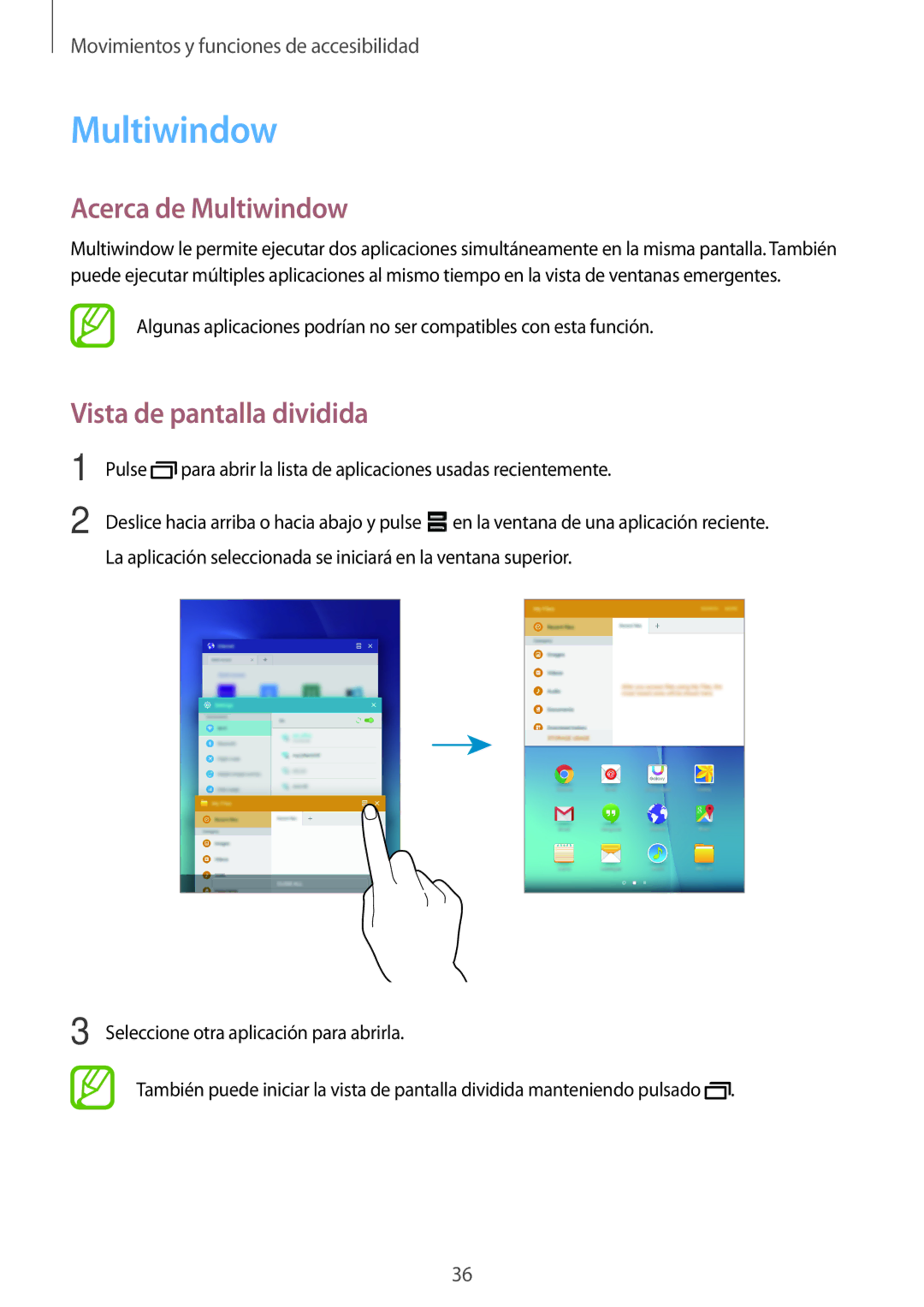 Samsung SM-T555NZWAPHE manual Acerca de Multiwindow, Vista de pantalla dividida 