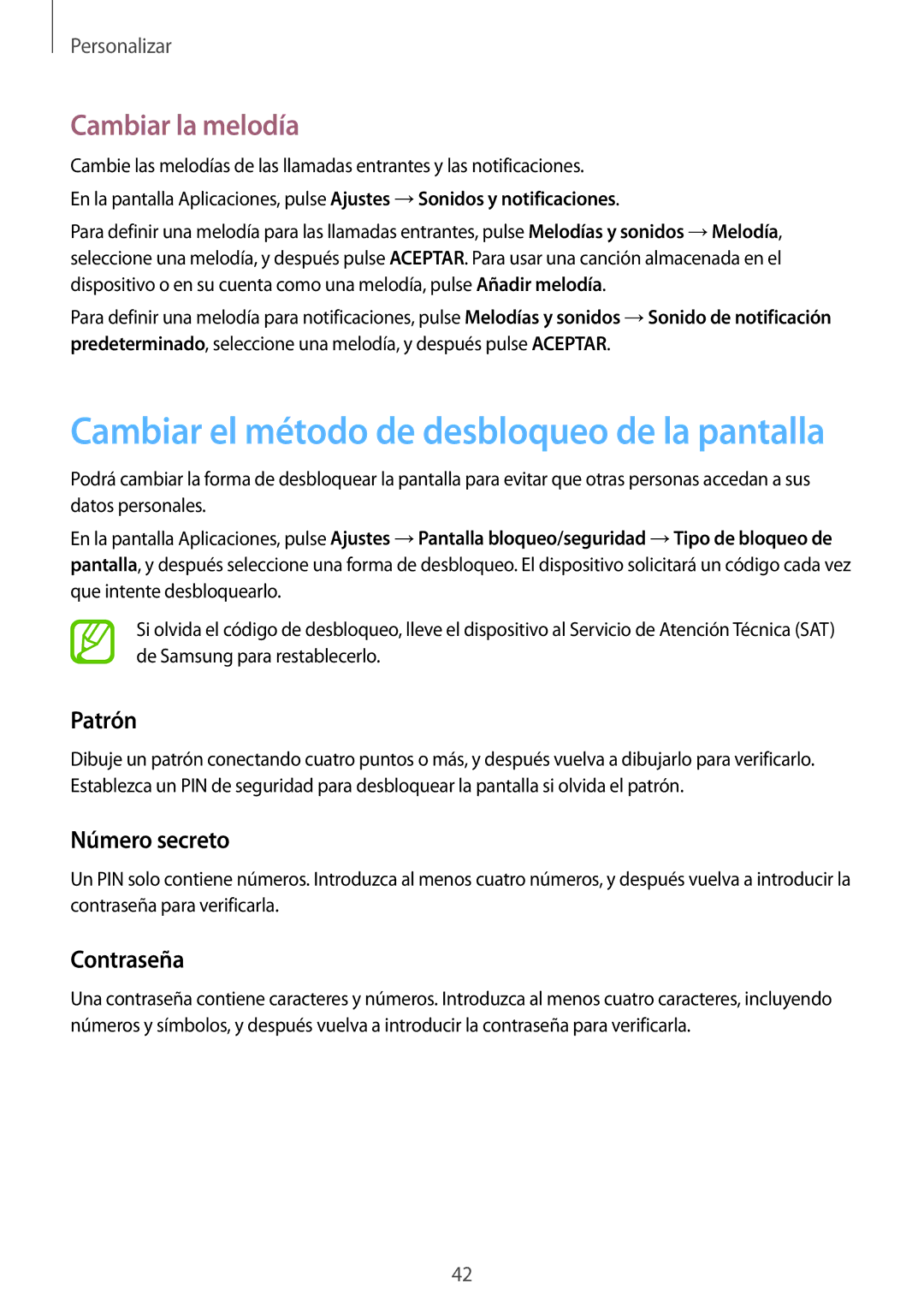 Samsung SM-T555NZWAPHE manual Cambiar la melodía, Patrón, Número secreto, Contraseña 