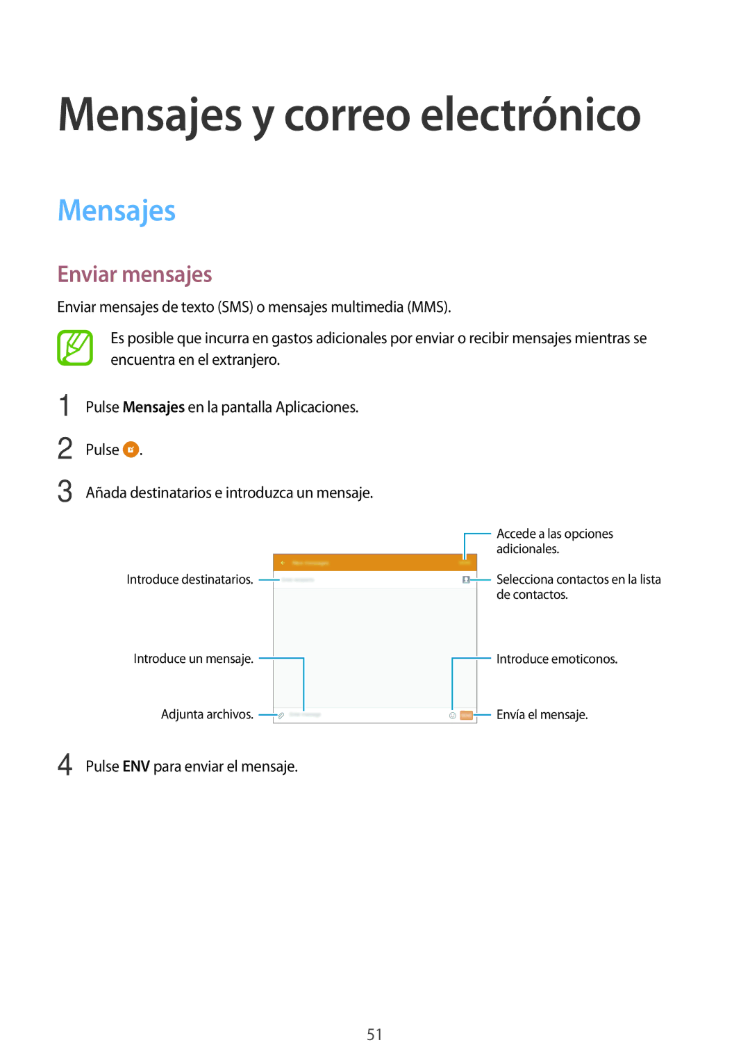 Samsung SM-T555NZWAPHE manual Mensajes, Enviar mensajes 