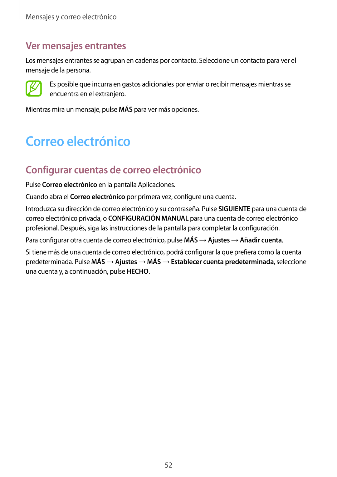 Samsung SM-T555NZWAPHE manual Correo electrónico, Ver mensajes entrantes, Configurar cuentas de correo electrónico 