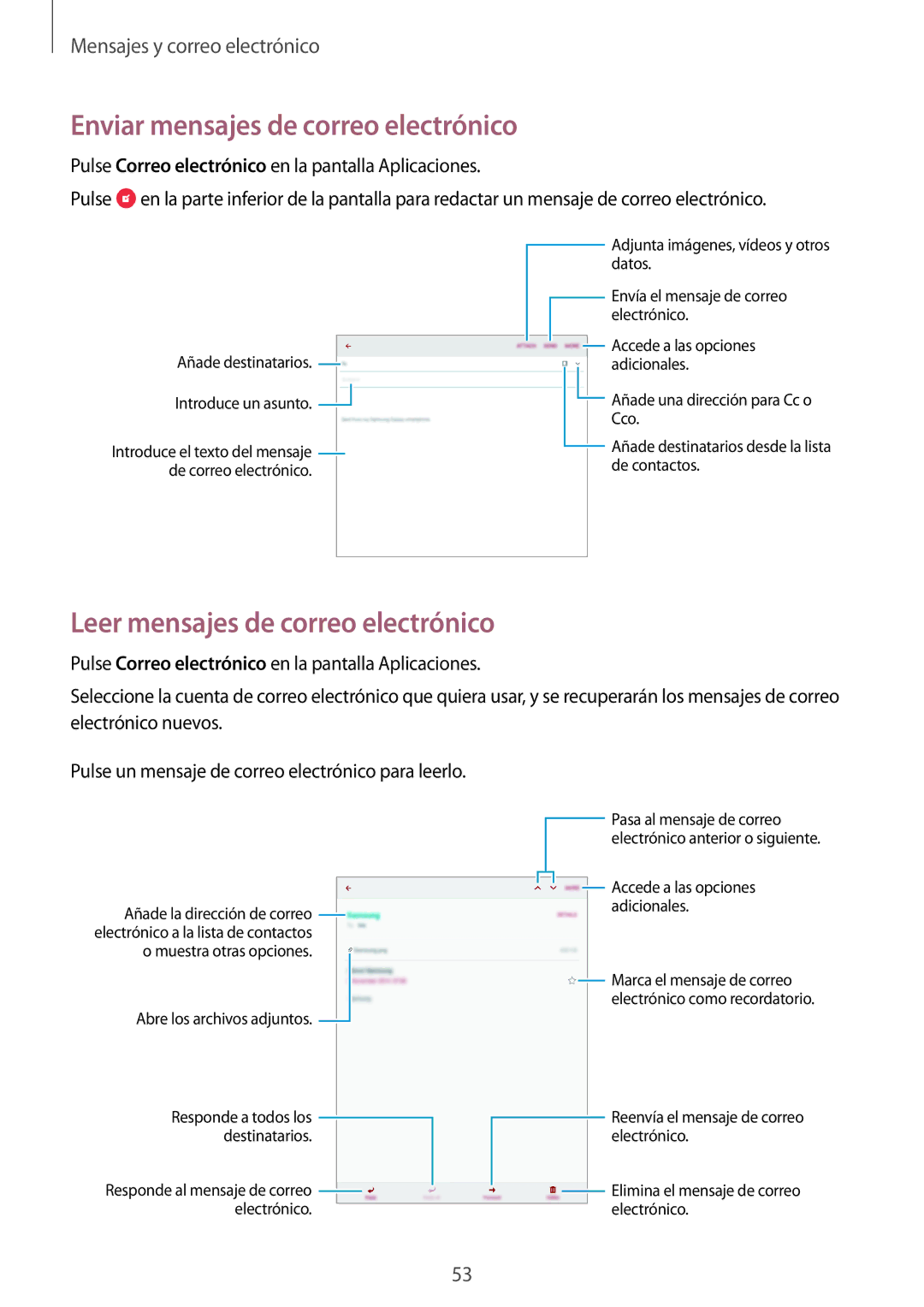 Samsung SM-T555NZWAPHE manual Enviar mensajes de correo electrónico, Leer mensajes de correo electrónico 