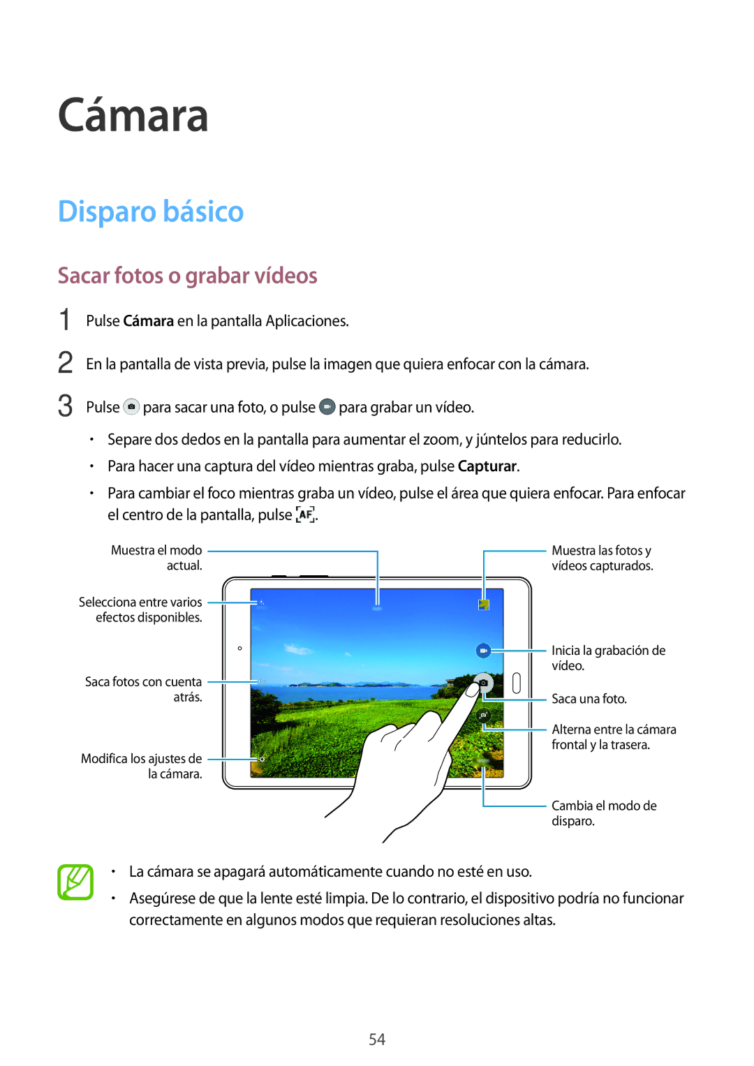 Samsung SM-T555NZWAPHE manual Cámara, Disparo básico, Sacar fotos o grabar vídeos 