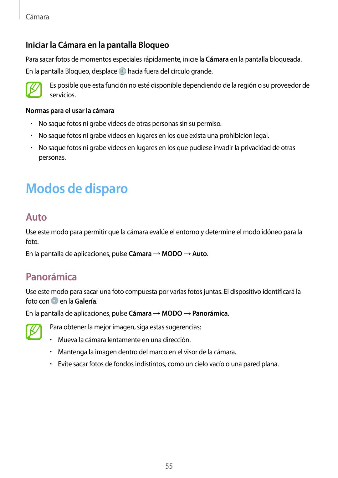 Samsung SM-T555NZWAPHE manual Modos de disparo, Auto, Panorámica, Iniciar la Cámara en la pantalla Bloqueo 