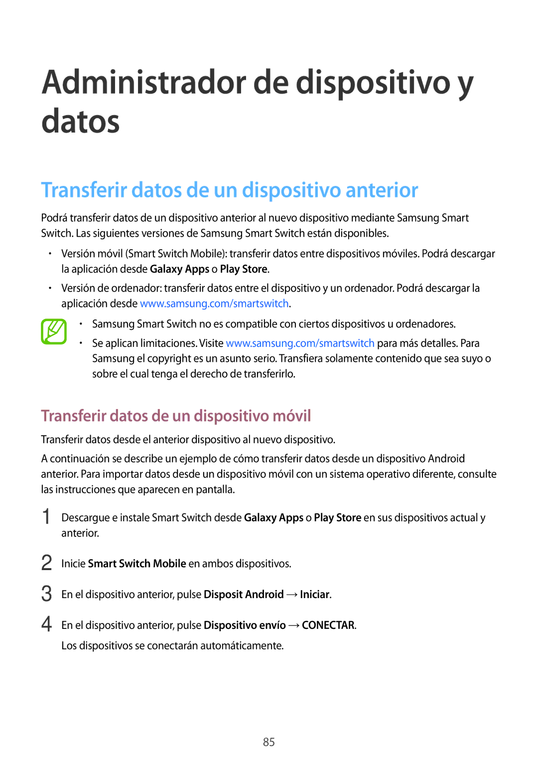 Samsung SM-T555NZWAPHE manual Administrador de dispositivo y datos, Transferir datos de un dispositivo anterior 