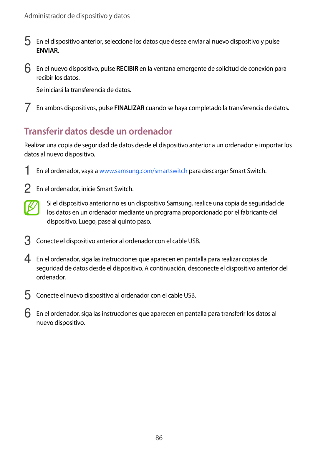 Samsung SM-T555NZWAPHE manual Transferir datos desde un ordenador, Administrador de dispositivo y datos 