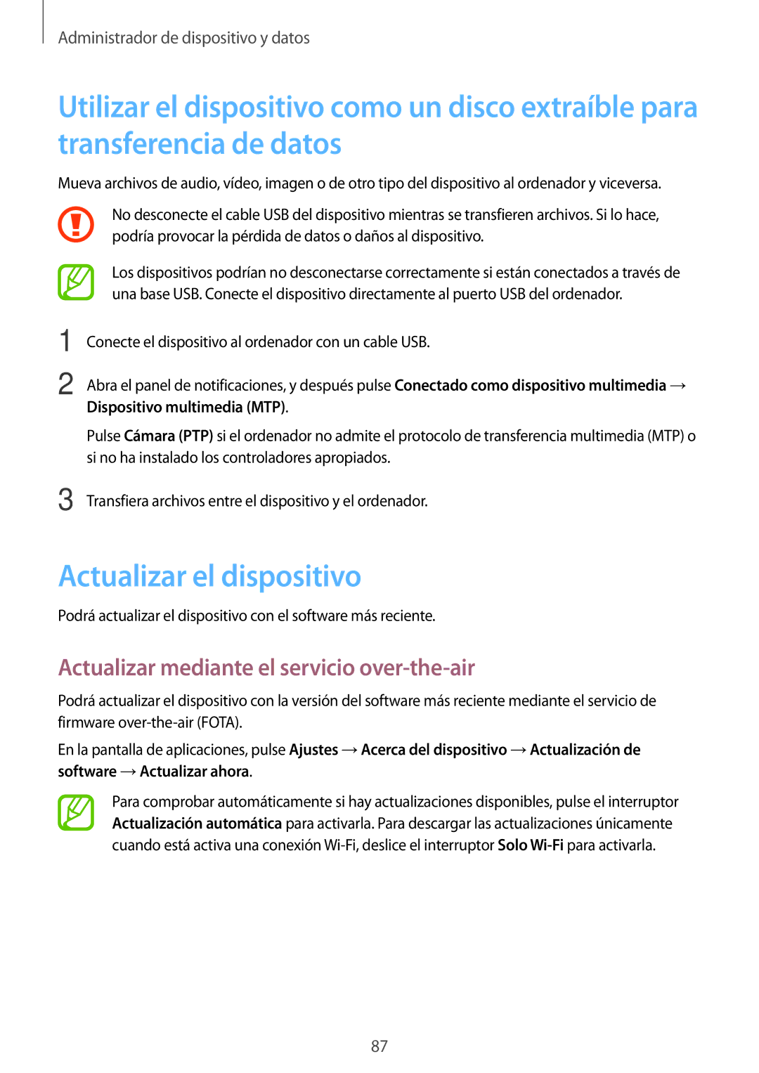 Samsung SM-T555NZWAPHE Actualizar el dispositivo, Actualizar mediante el servicio over-the-air, Dispositivo multimedia MTP 