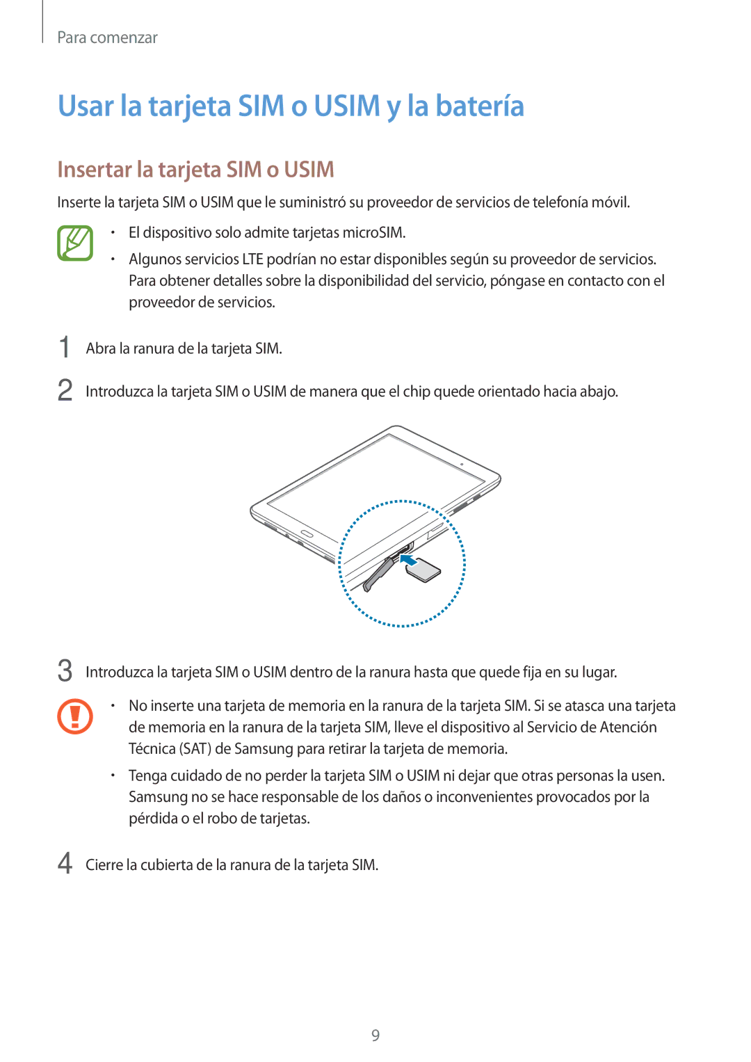 Samsung SM-T555NZWAPHE manual Usar la tarjeta SIM o Usim y la batería, Insertar la tarjeta SIM o Usim 