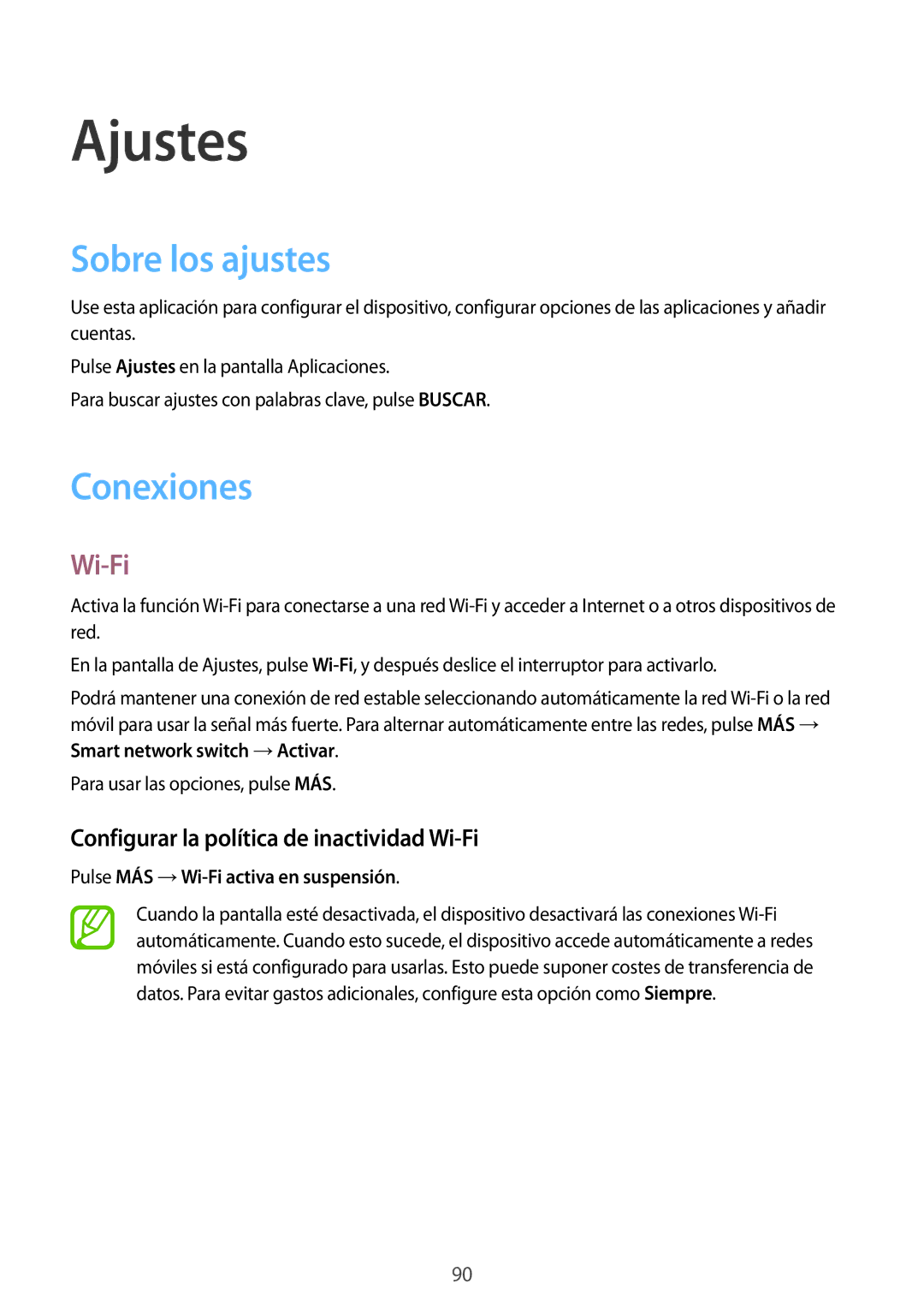 Samsung SM-T555NZWAPHE manual Ajustes, Sobre los ajustes, Conexiones, Configurar la política de inactividad Wi-Fi 