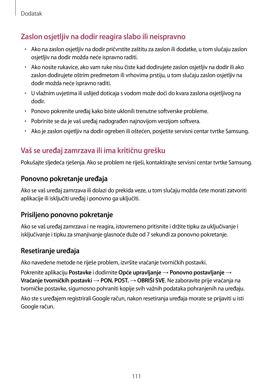 Samsung SM-T555NZWASEE manual Prisiljeno ponovno pokretanje, Resetiranje uređaja 