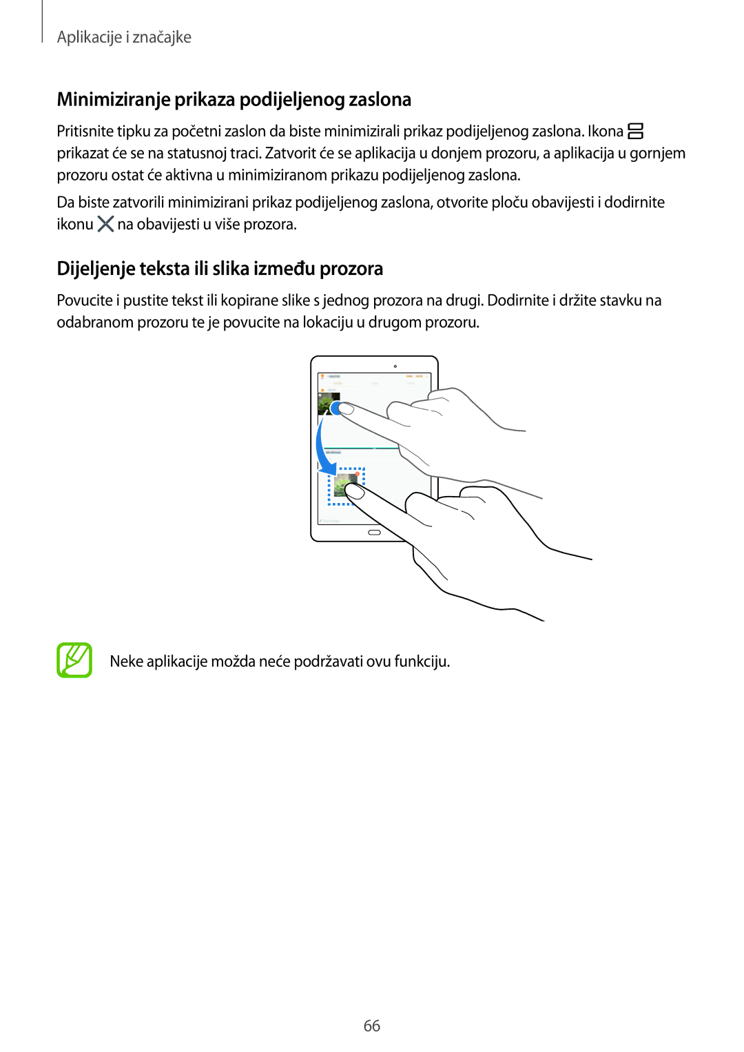 Samsung SM-T555NZWASEE manual Minimiziranje prikaza podijeljenog zaslona, Dijeljenje teksta ili slika između prozora 