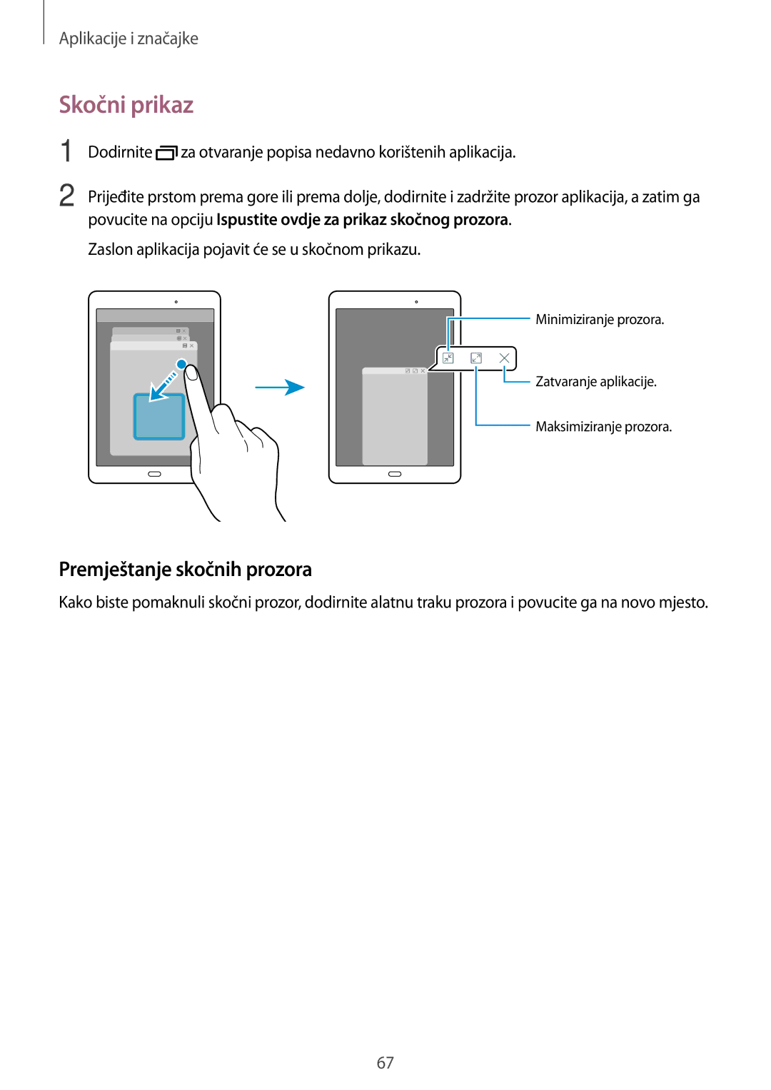 Samsung SM-T555NZWASEE manual Skočni prikaz, Premještanje skočnih prozora 