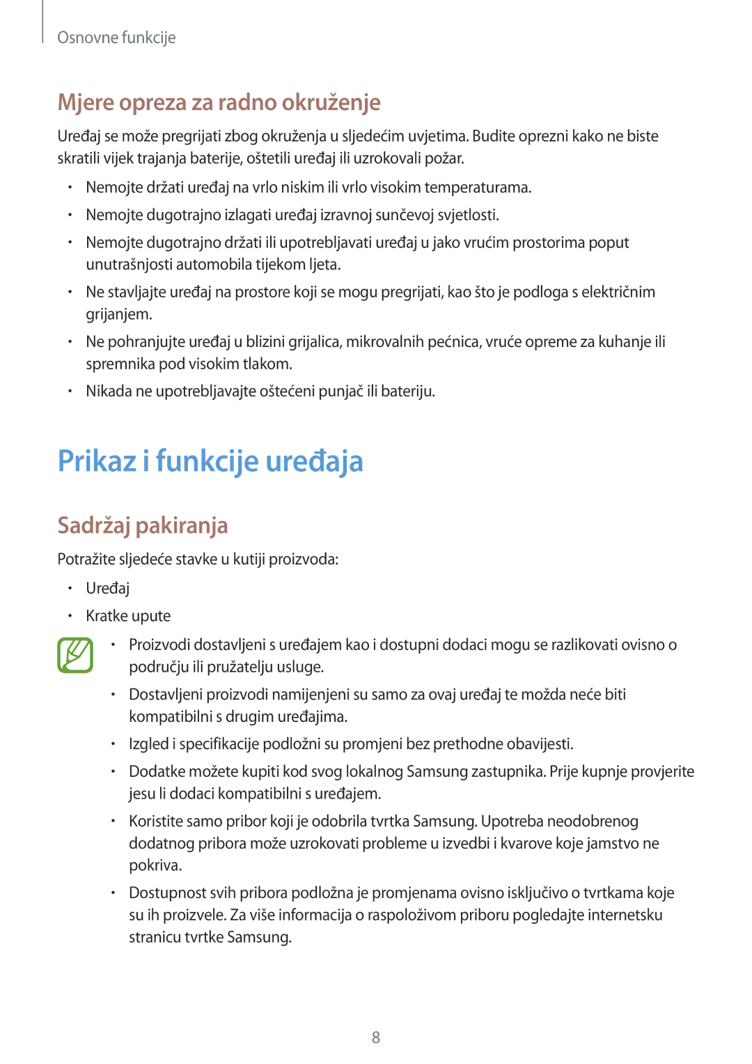 Samsung SM-T555NZWASEE manual Prikaz i funkcije uređaja, Mjere opreza za radno okruženje, Sadržaj pakiranja 