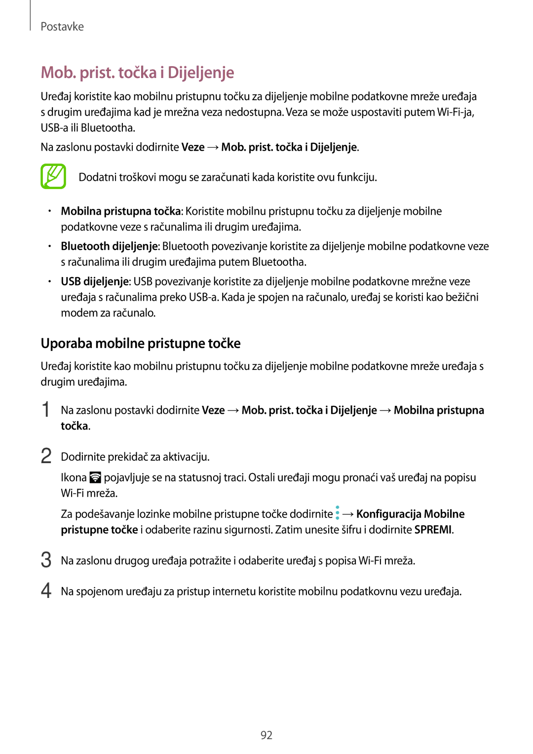 Samsung SM-T555NZWASEE manual Mob. prist. točka i Dijeljenje, Uporaba mobilne pristupne točke 