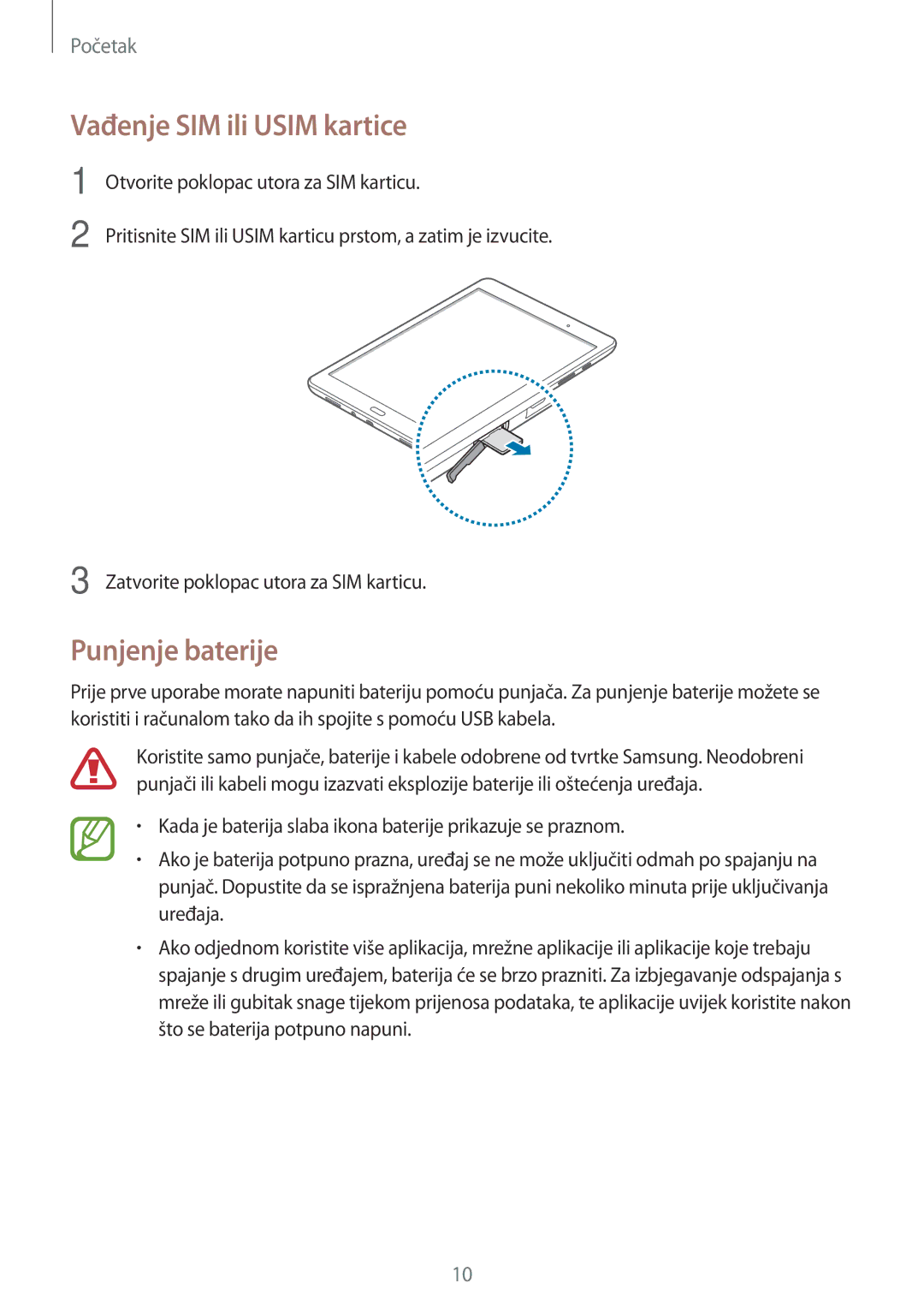 Samsung SM-T555NZWASEE manual Vađenje SIM ili Usim kartice, Punjenje baterije 