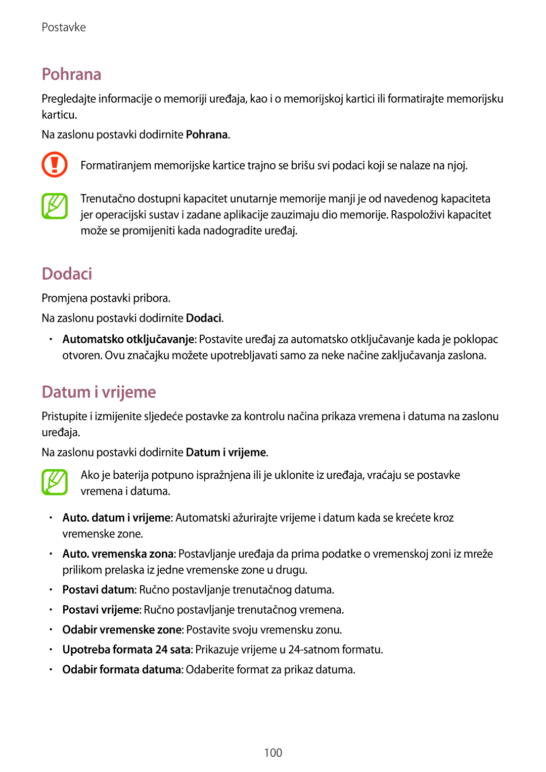 Samsung SM-T555NZWASEE manual Pohrana, Dodaci, Datum i vrijeme 