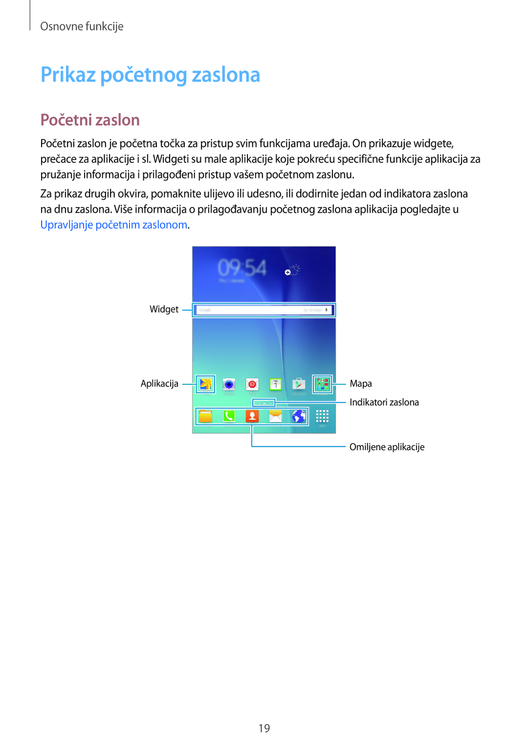 Samsung SM-T555NZWASEE manual Prikaz početnog zaslona, Početni zaslon 