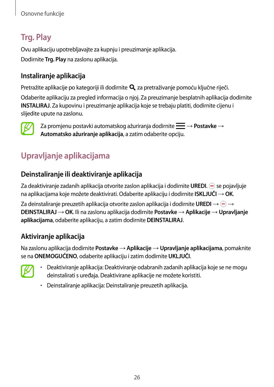 Samsung SM-T555NZWASEE manual Trg. Play, Upravljanje aplikacijama, Deinstaliranje ili deaktiviranje aplikacija 