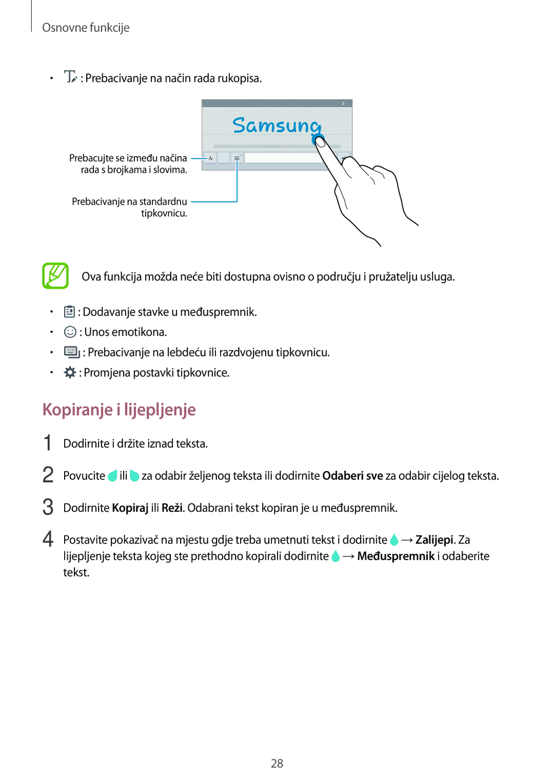 Samsung SM-T555NZWASEE manual Kopiranje i lijepljenje, Prebacivanje na način rada rukopisa 