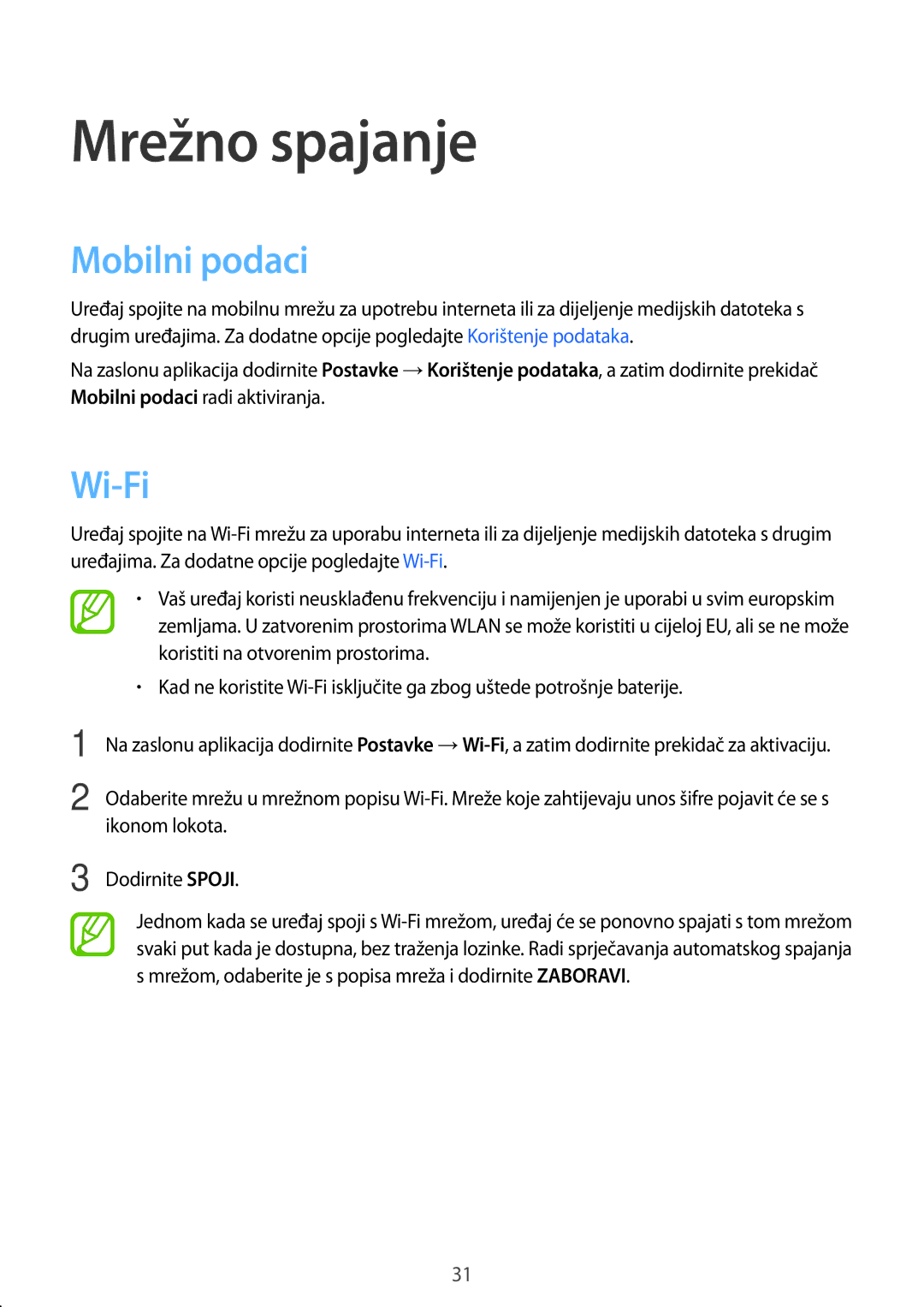 Samsung SM-T555NZWASEE manual Mrežno spajanje, Mobilni podaci, Wi-Fi 