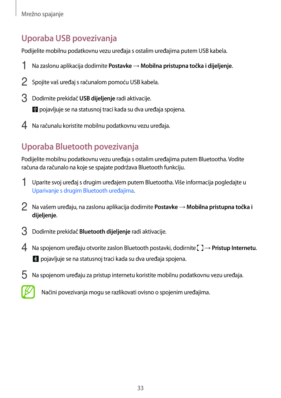 Samsung SM-T555NZWASEE manual Uporaba USB povezivanja, Uporaba Bluetooth povezivanja 