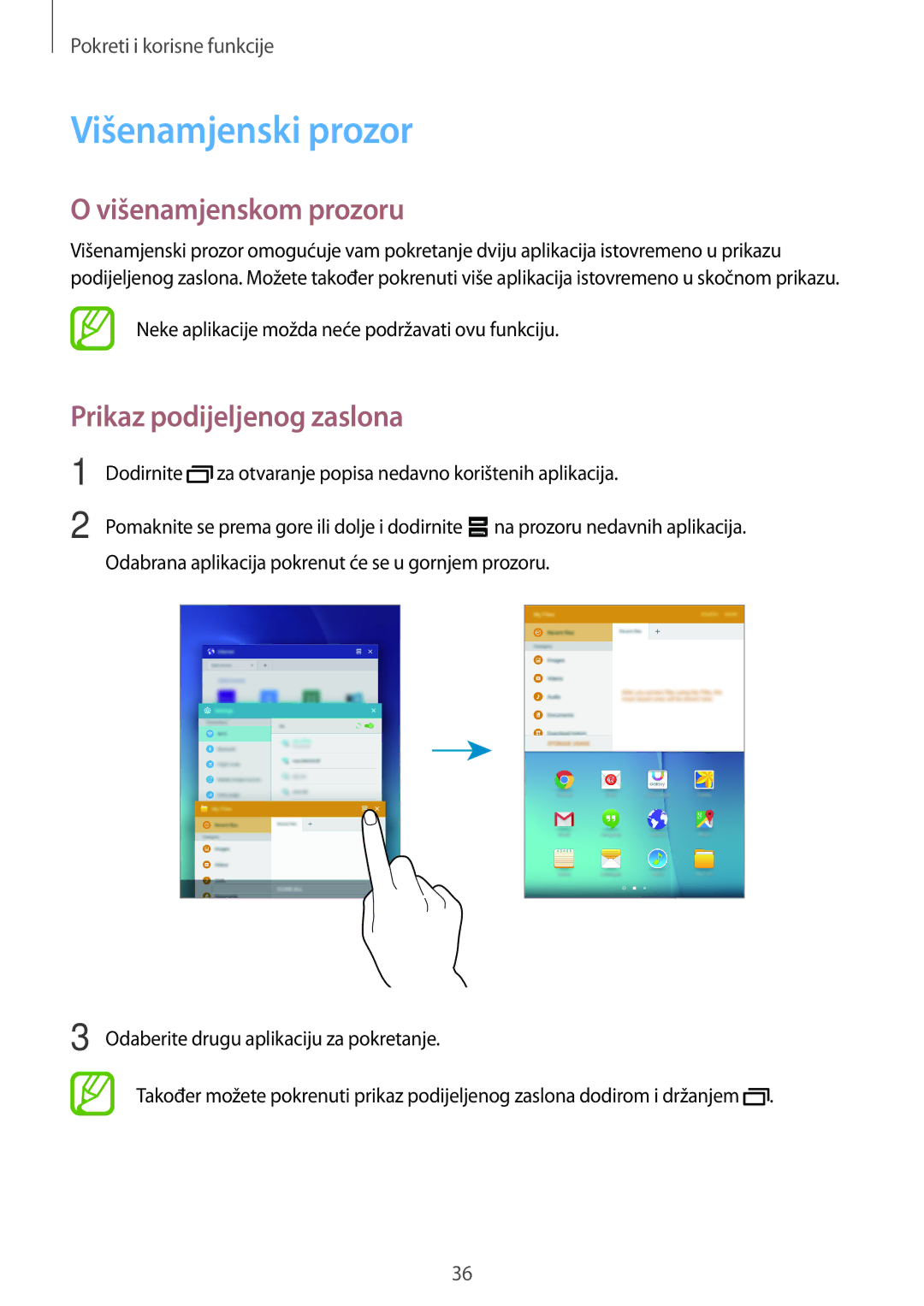 Samsung SM-T555NZWASEE manual Višenamjenski prozor, Višenamjenskom prozoru, Prikaz podijeljenog zaslona 