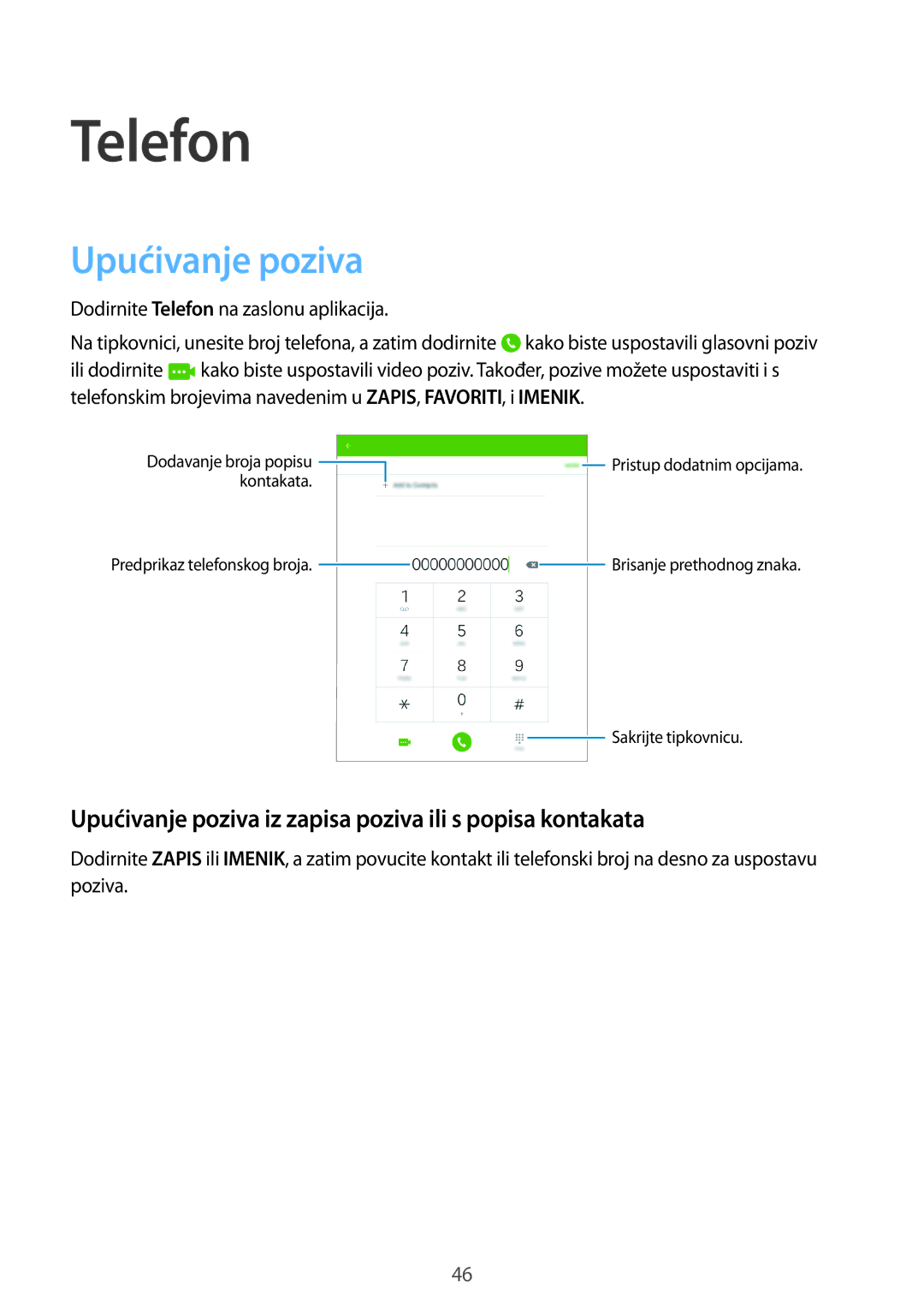 Samsung SM-T555NZWASEE manual Telefon, Upućivanje poziva iz zapisa poziva ili s popisa kontakata 