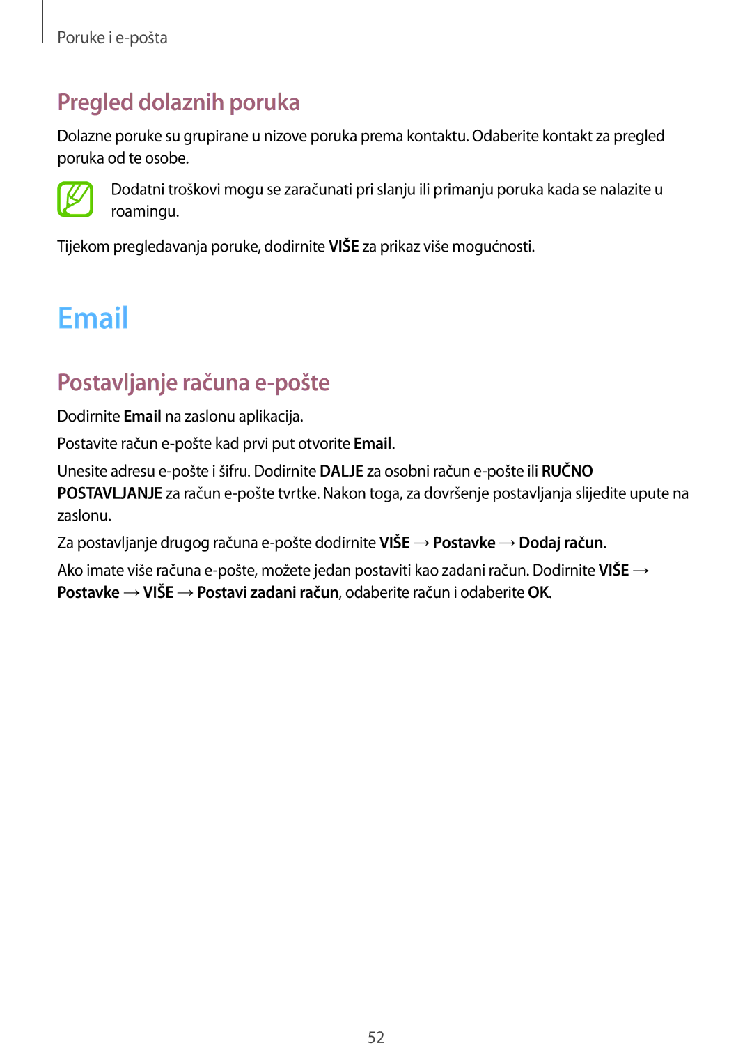 Samsung SM-T555NZWASEE manual Pregled dolaznih poruka, Postavljanje računa e-pošte 