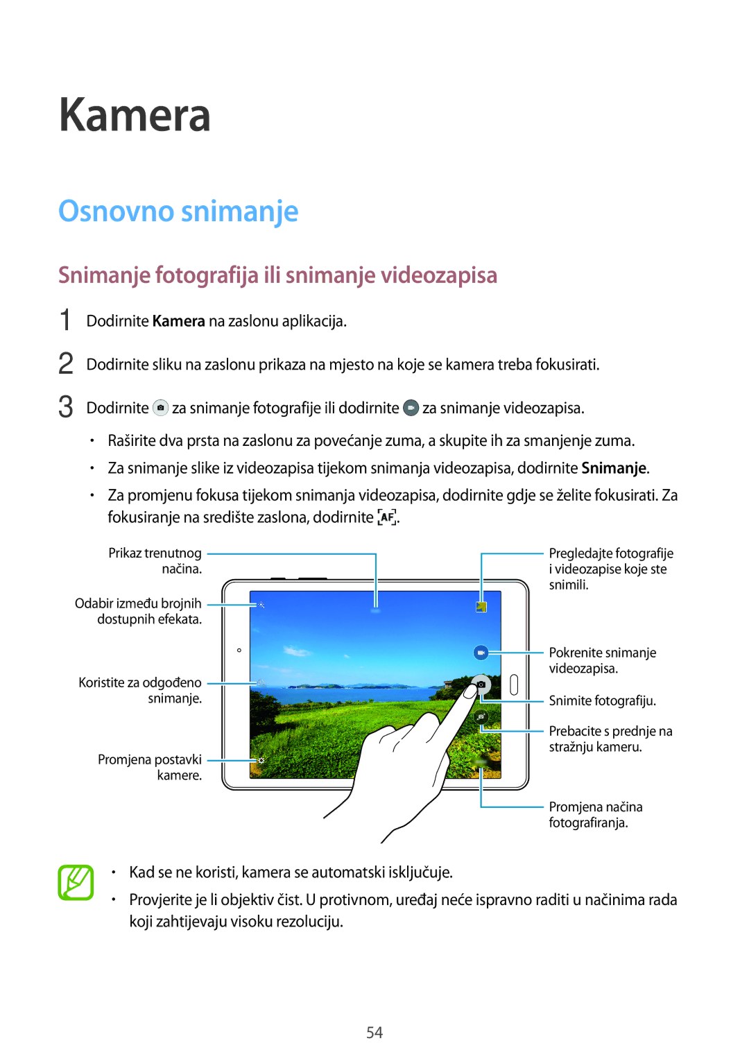 Samsung SM-T555NZWASEE manual Kamera, Osnovno snimanje, Snimanje fotografija ili snimanje videozapisa 