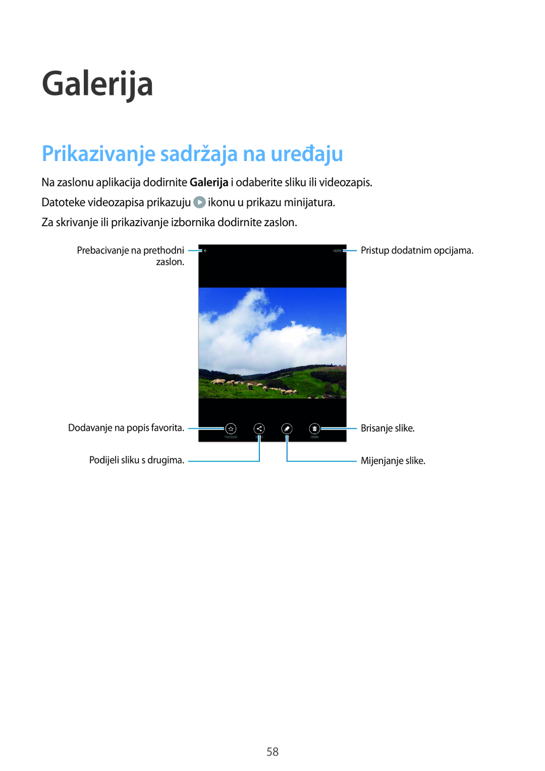 Samsung SM-T555NZWASEE manual Galerija, Prikazivanje sadržaja na uređaju 