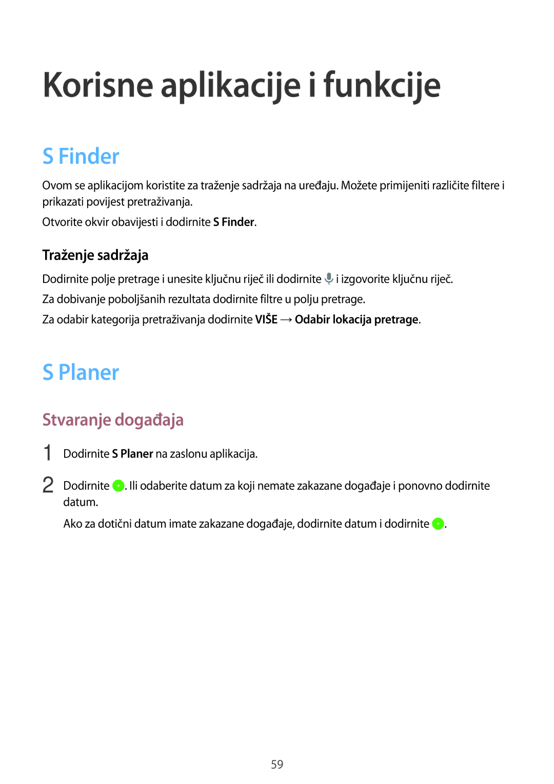 Samsung SM-T555NZWASEE manual Korisne aplikacije i funkcije, Finder, Planer, Stvaranje događaja, Traženje sadržaja 