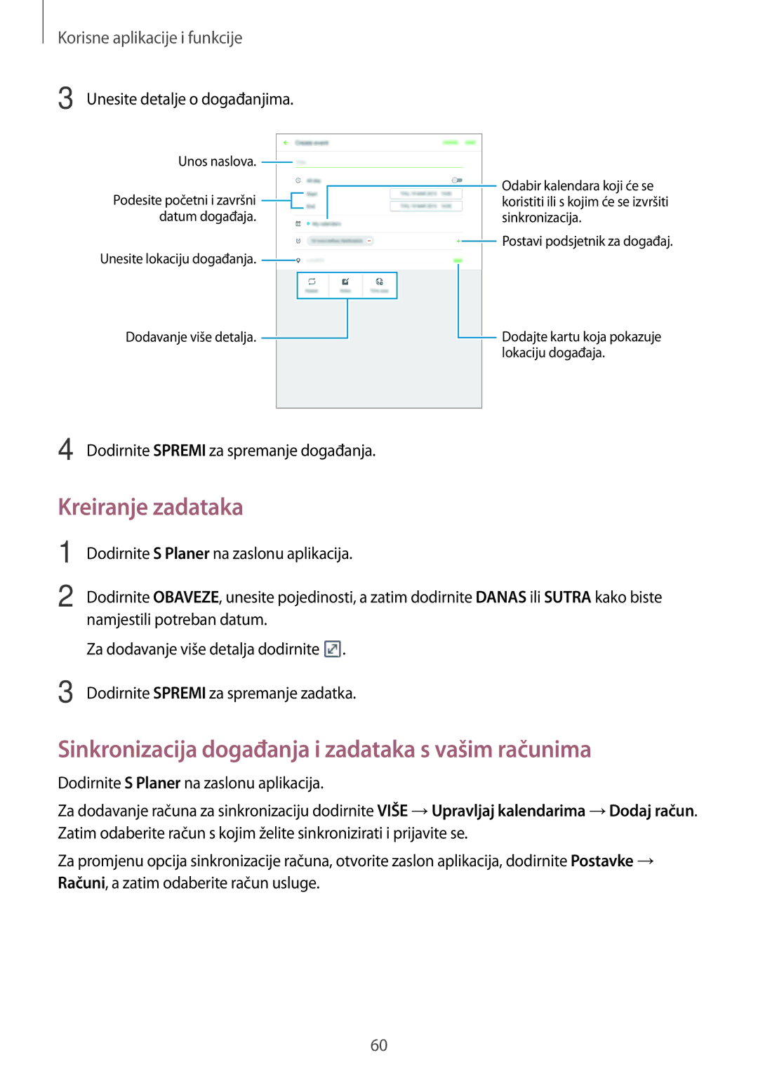 Samsung SM-T555NZWASEE manual Kreiranje zadataka, Sinkronizacija događanja i zadataka s vašim računima 