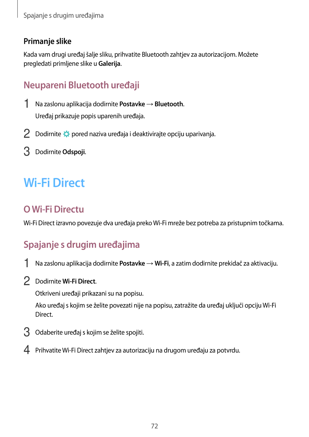 Samsung SM-T555NZWASEE manual Neupareni Bluetooth uređaji, Wi-Fi Directu, Spajanje s drugim uređajima, Primanje slike 