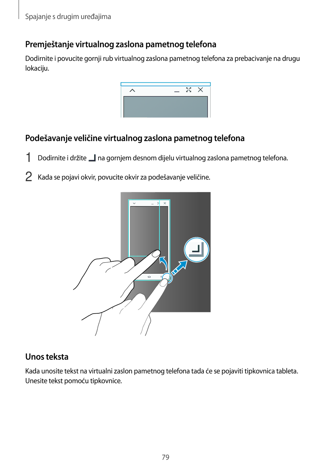 Samsung SM-T555NZWASEE manual Premještanje virtualnog zaslona pametnog telefona, Unos teksta 