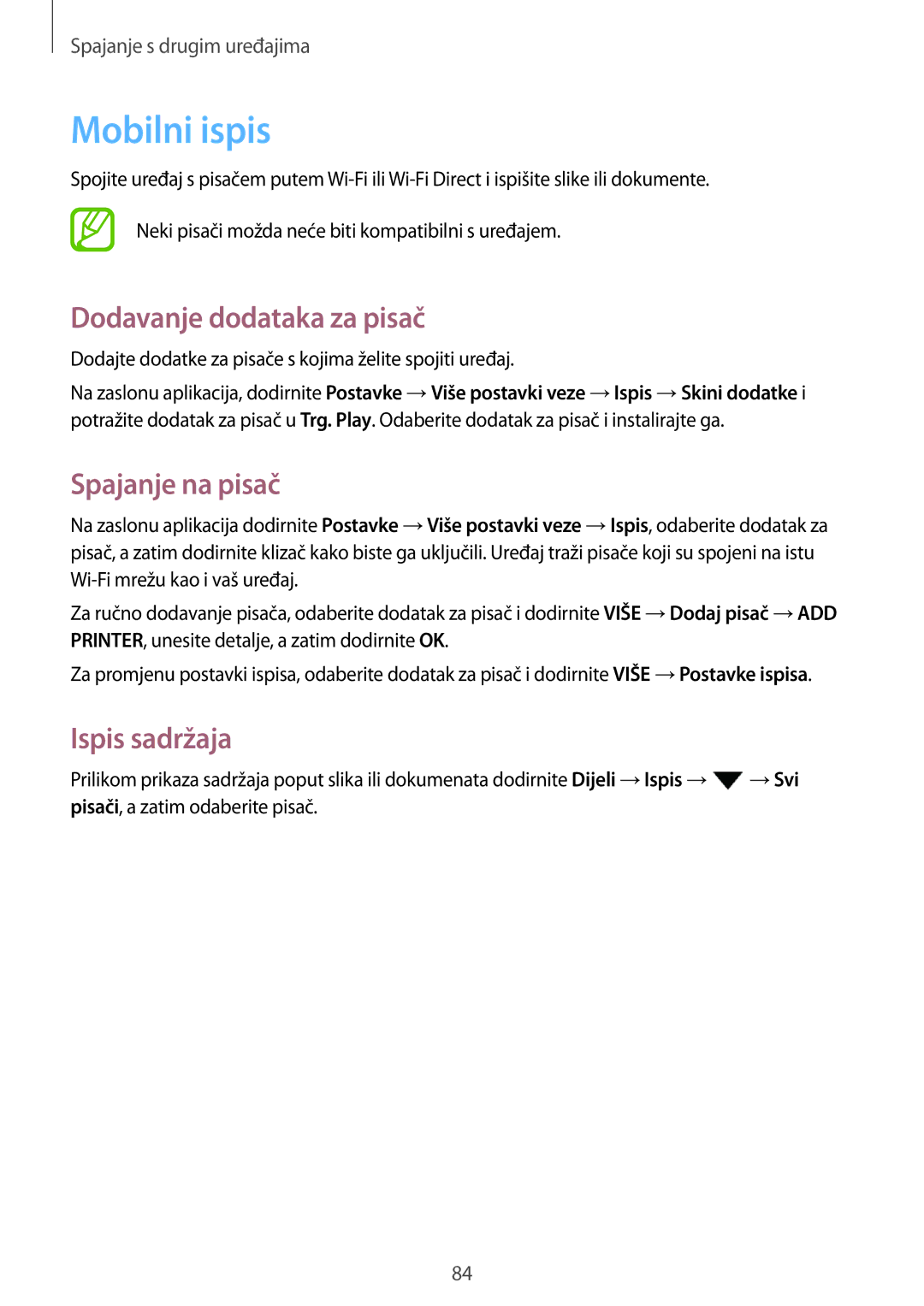 Samsung SM-T555NZWASEE manual Mobilni ispis, Dodavanje dodataka za pisač, Spajanje na pisač, Ispis sadržaja 